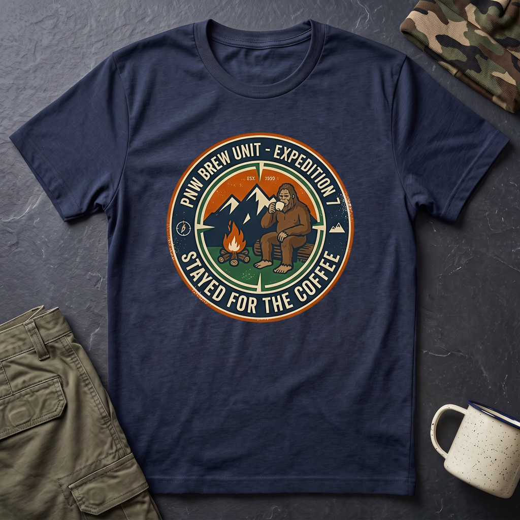 Stayed for the Coffee mountain camping badge T-Shirt | coffee hiking logo