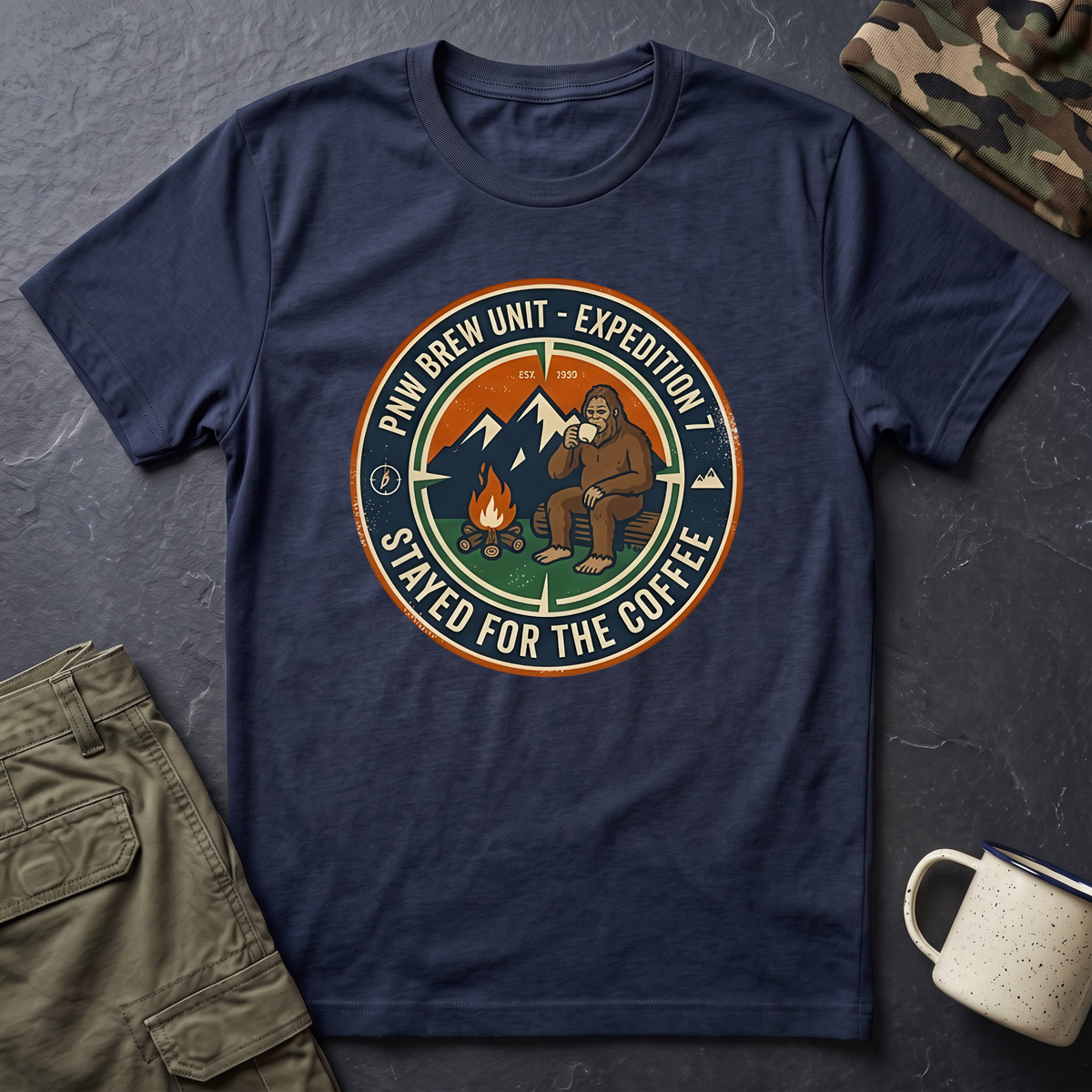 Stayed for the Coffee mountain camping badge T-Shirt | coffee hiking logo