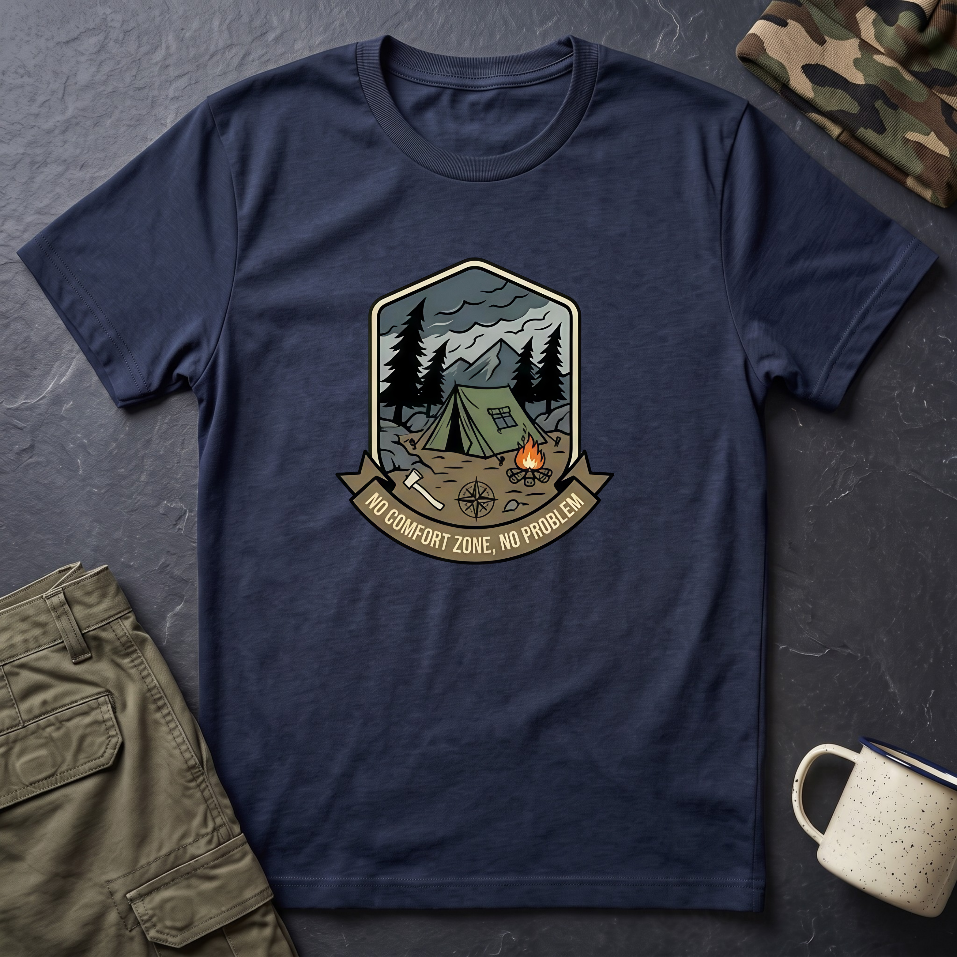 Camping Badge tent and campfire graphic T-Shirt | outdoors hiking adventure emblem