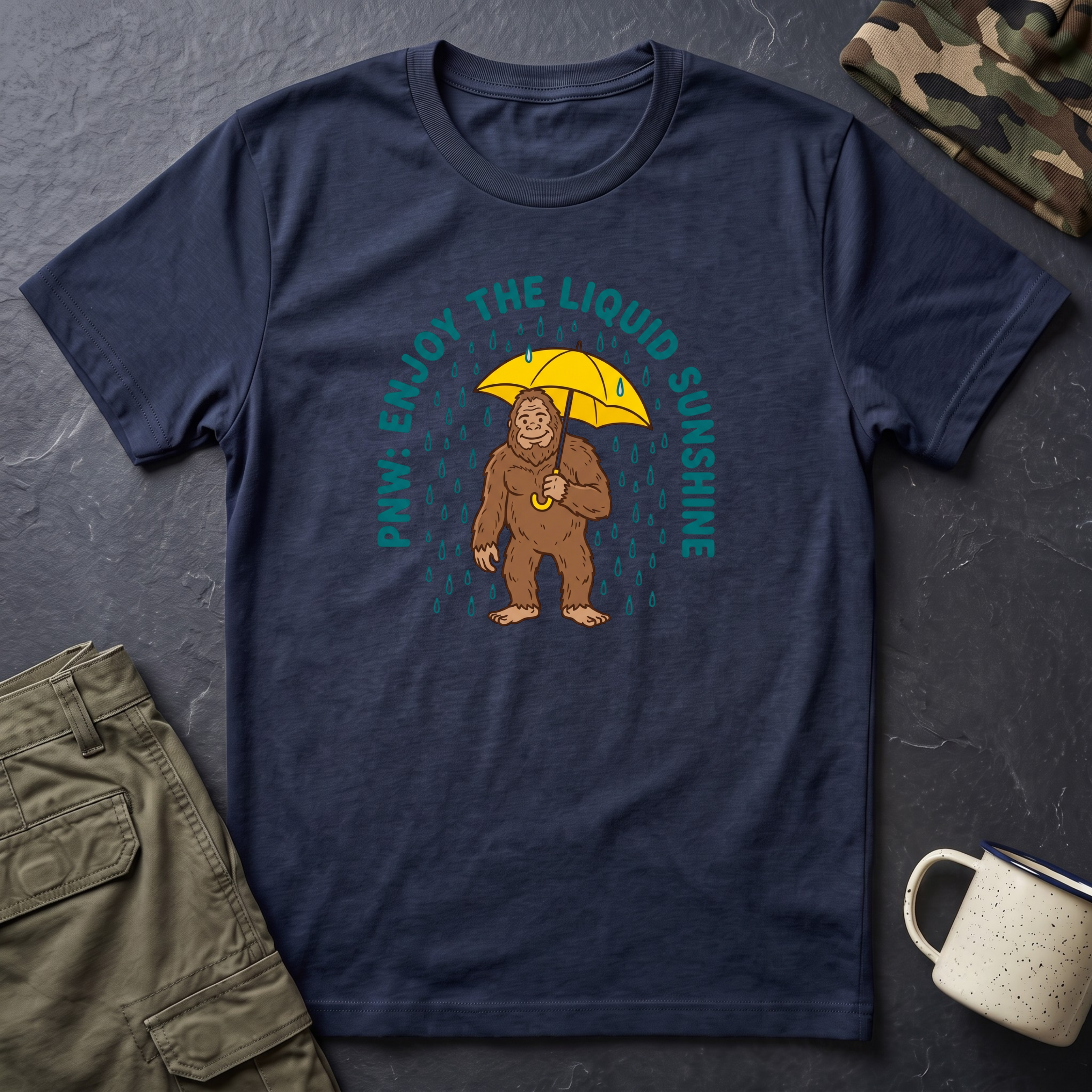 PNW Enjoy the Liquid Sunshine Bigfoot T-Shirt | Rain Umbrella Illustration