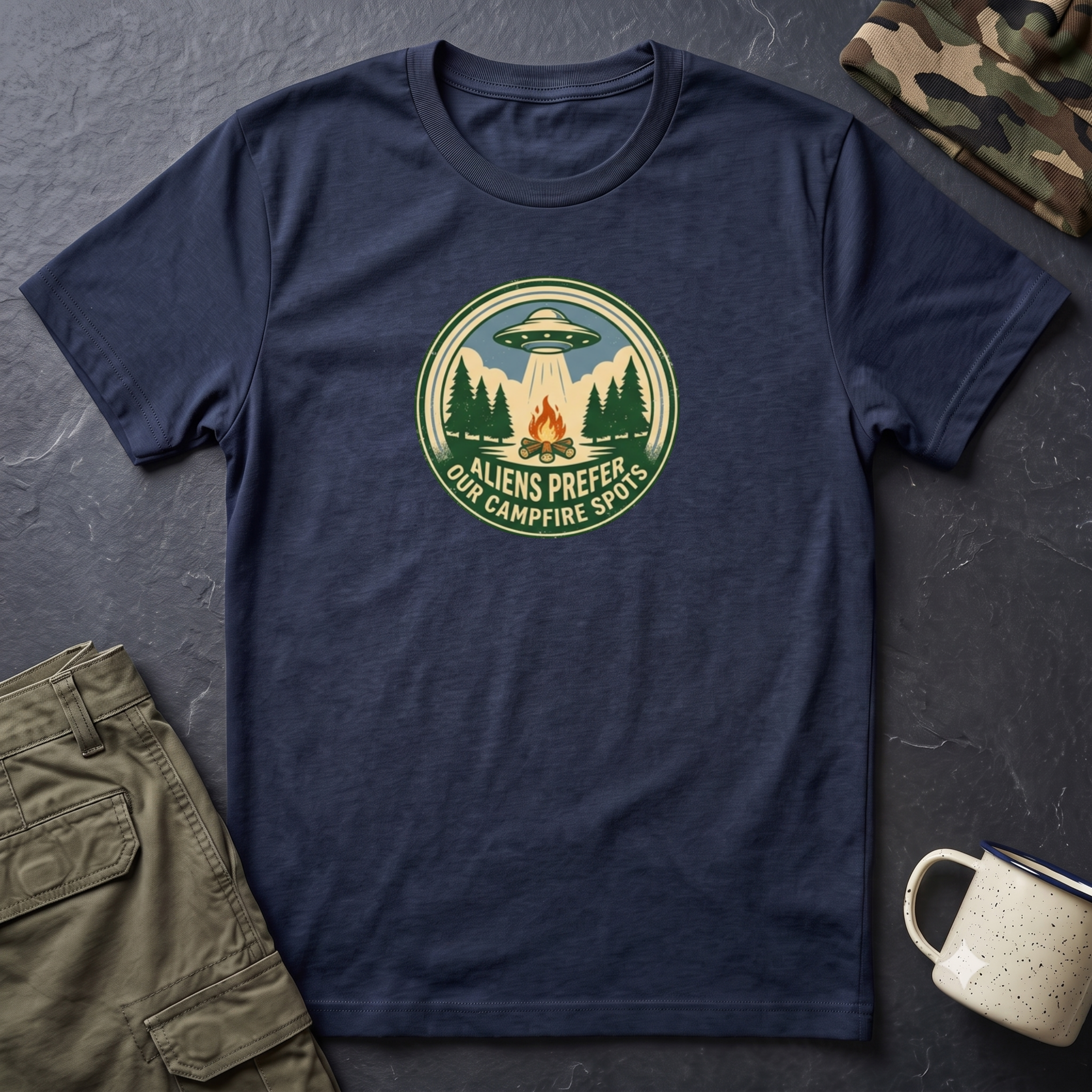 Aliens Prefer Our Campfire Spots T-Shirt | UFO Camping Badge Graphic