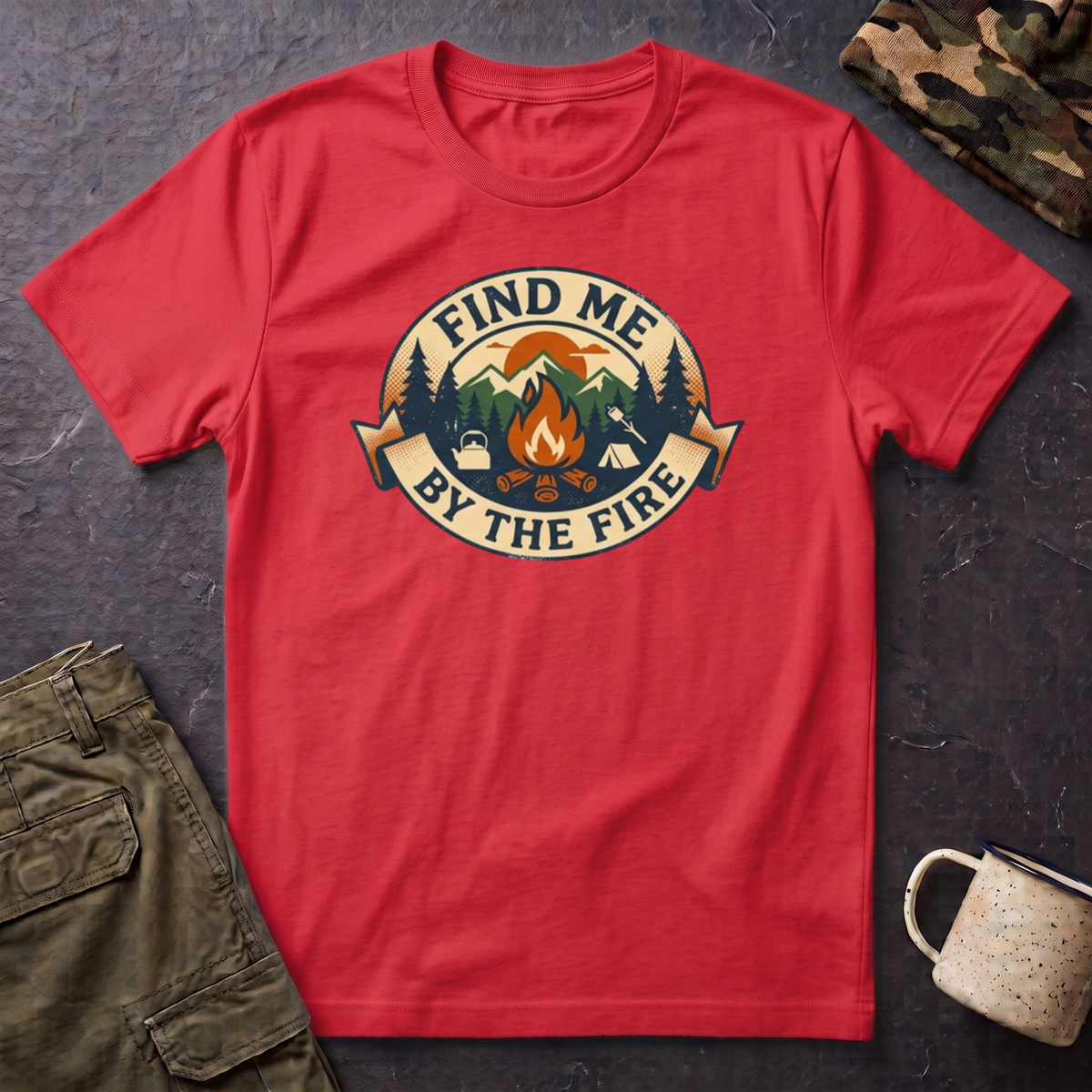 Find Me by the Fire T-Shirt | Campfire Mountains Camping Tee