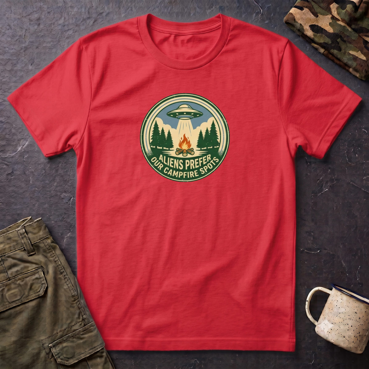 Aliens Prefer Our Campfire Spots T-Shirt | UFO Camping Badge Graphic