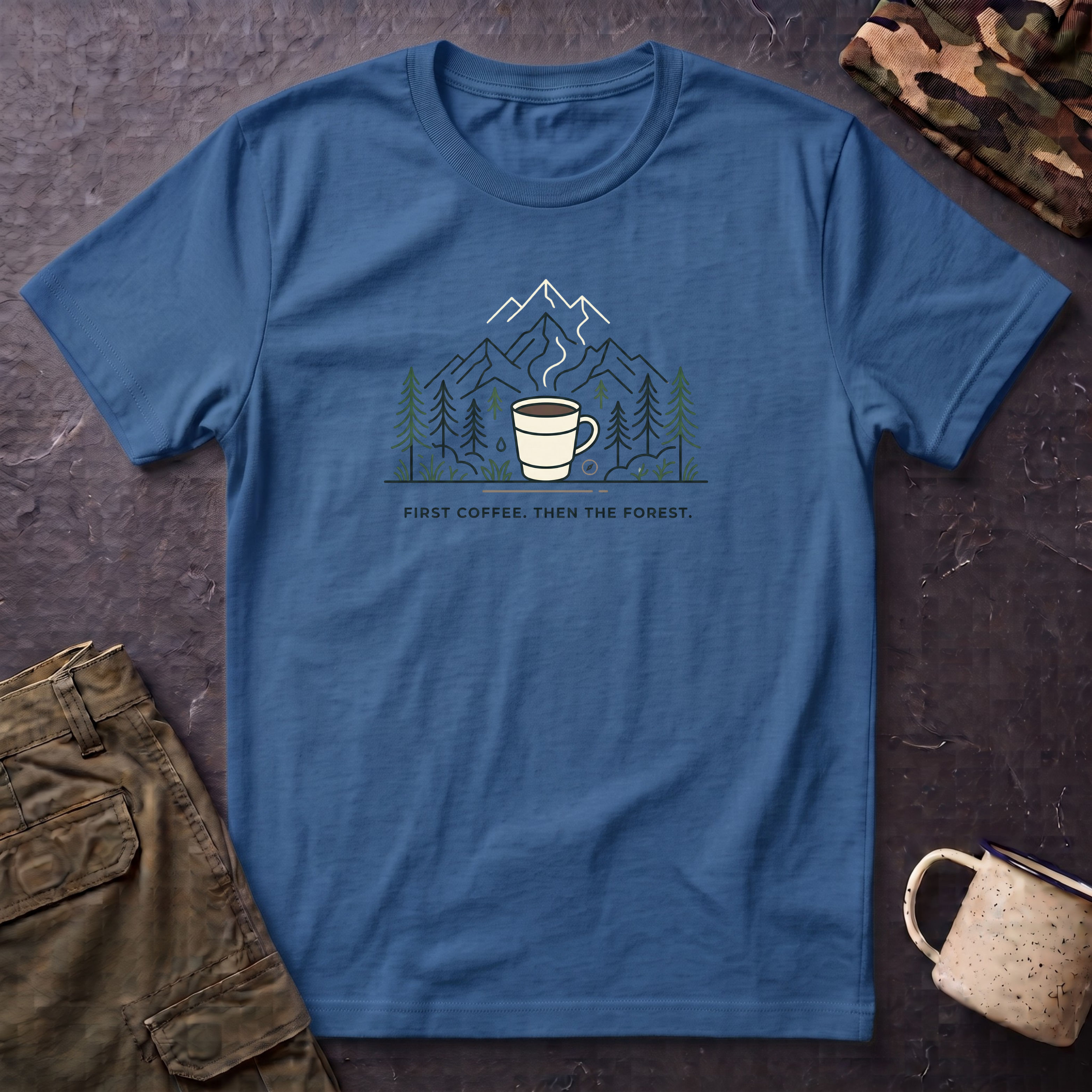 Coffee Cup in Pines T-Shirt | mountain camp mug, minimalist outdoors design