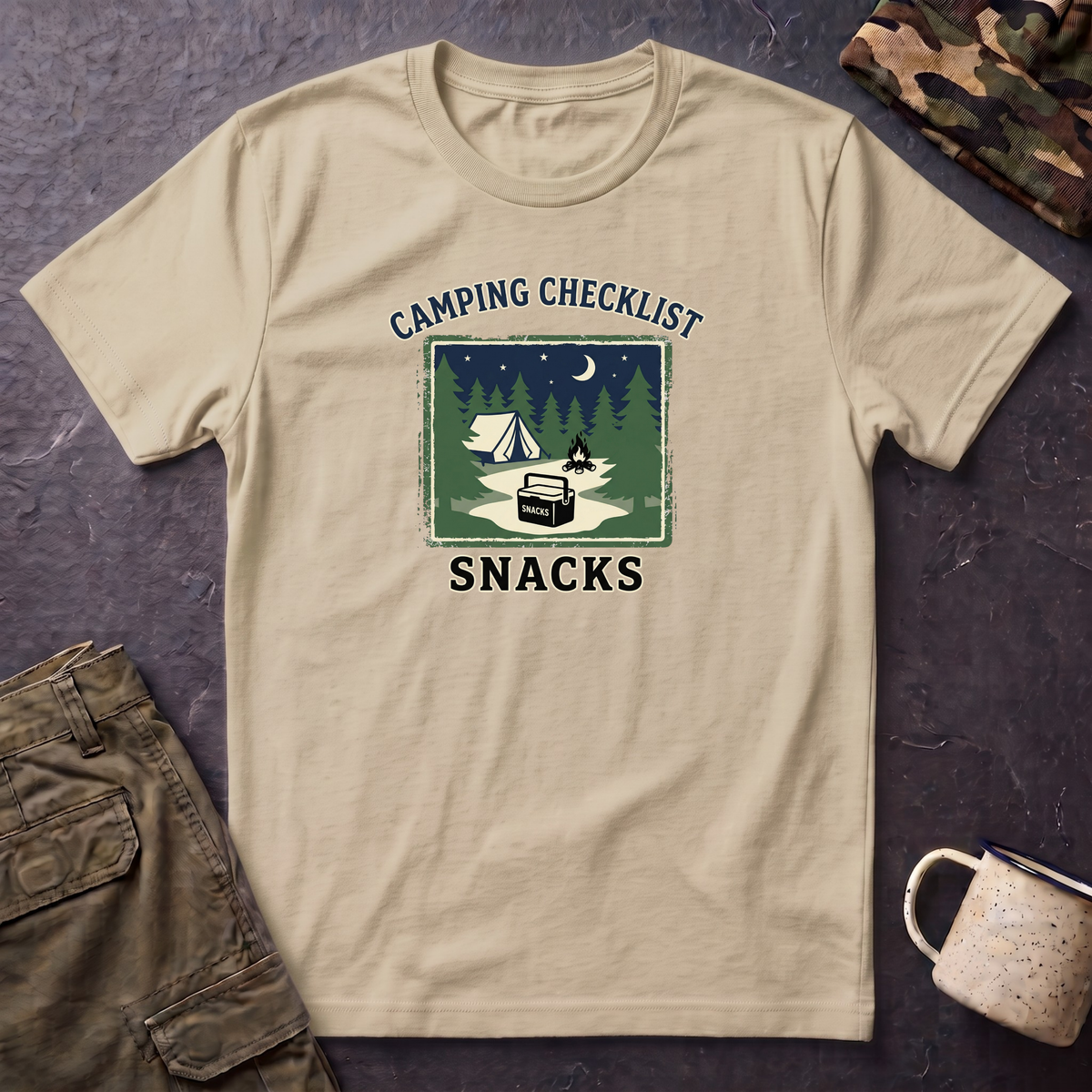 Camping Checklist Snacks T-Shirt | Camping Graphic Tee, Tent Campfire Design