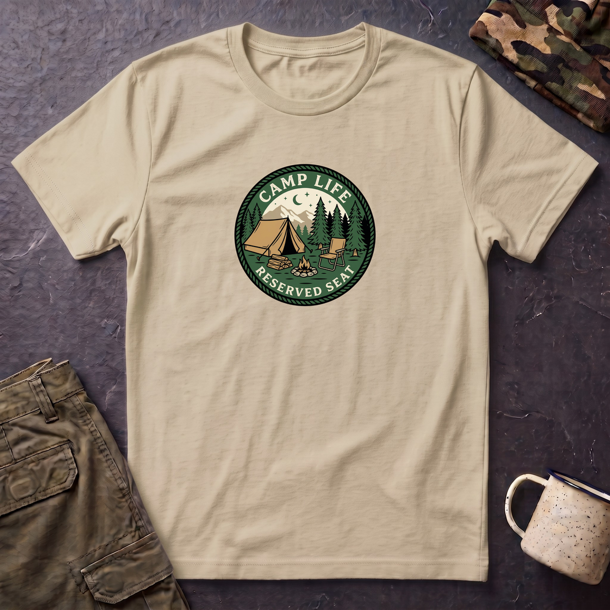 Camp Life Tent and Trees T-Shirt | Retro Outdoors Camper Badge