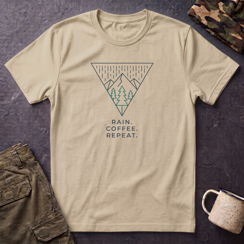 Rain Coffee Repeat T‑Shirt — Minimal Mountain Triangle Graphic Tee