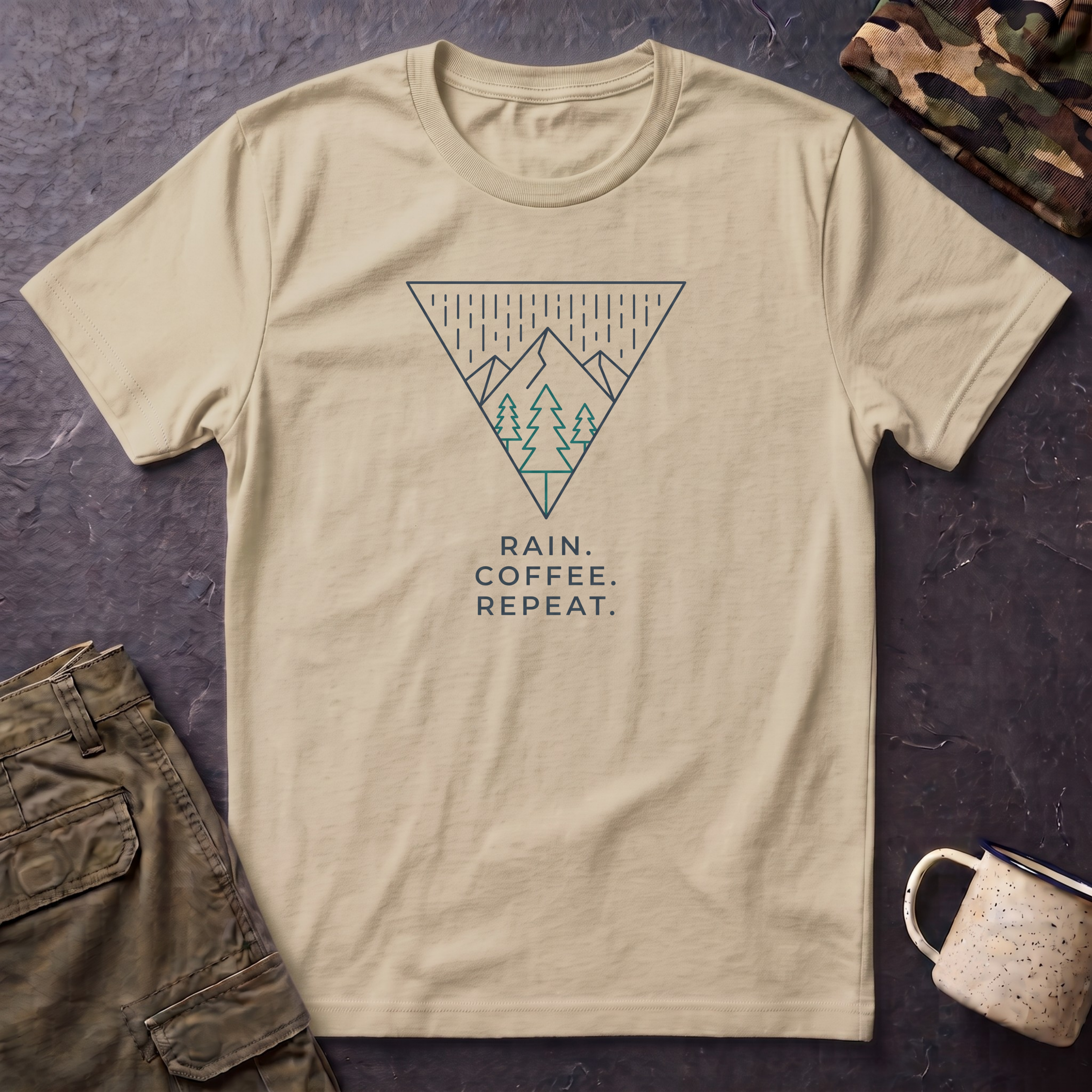 Rain Coffee Repeat T‑Shirt — Minimal Mountain Triangle Graphic Tee