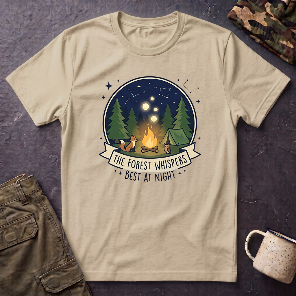 The Forest Whispers campfire scene T-Shirt | nighttime woods illustration