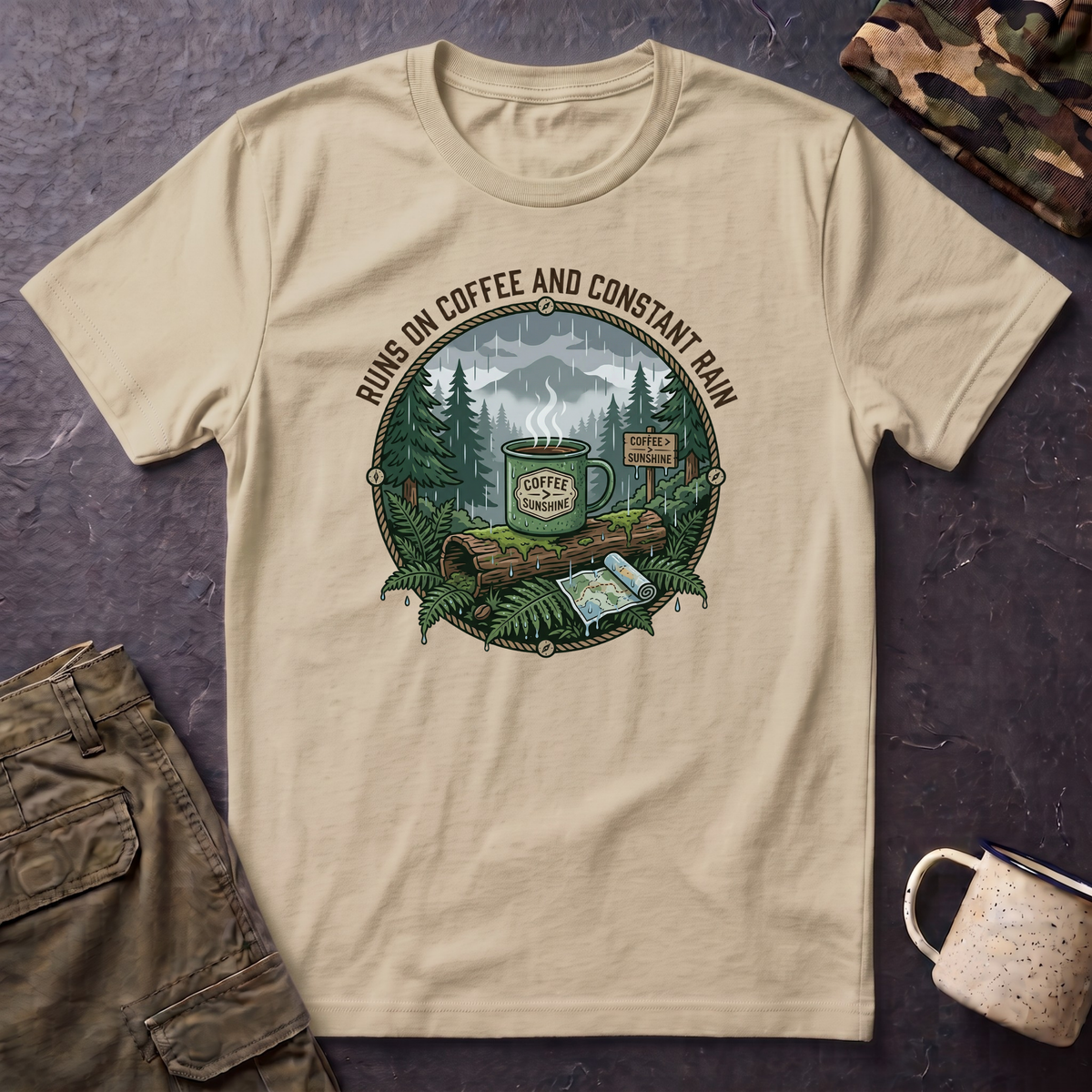 Cozy Camping Coffee Scene T-Shirt | Mountain Mug, Rainy Forest Illustration