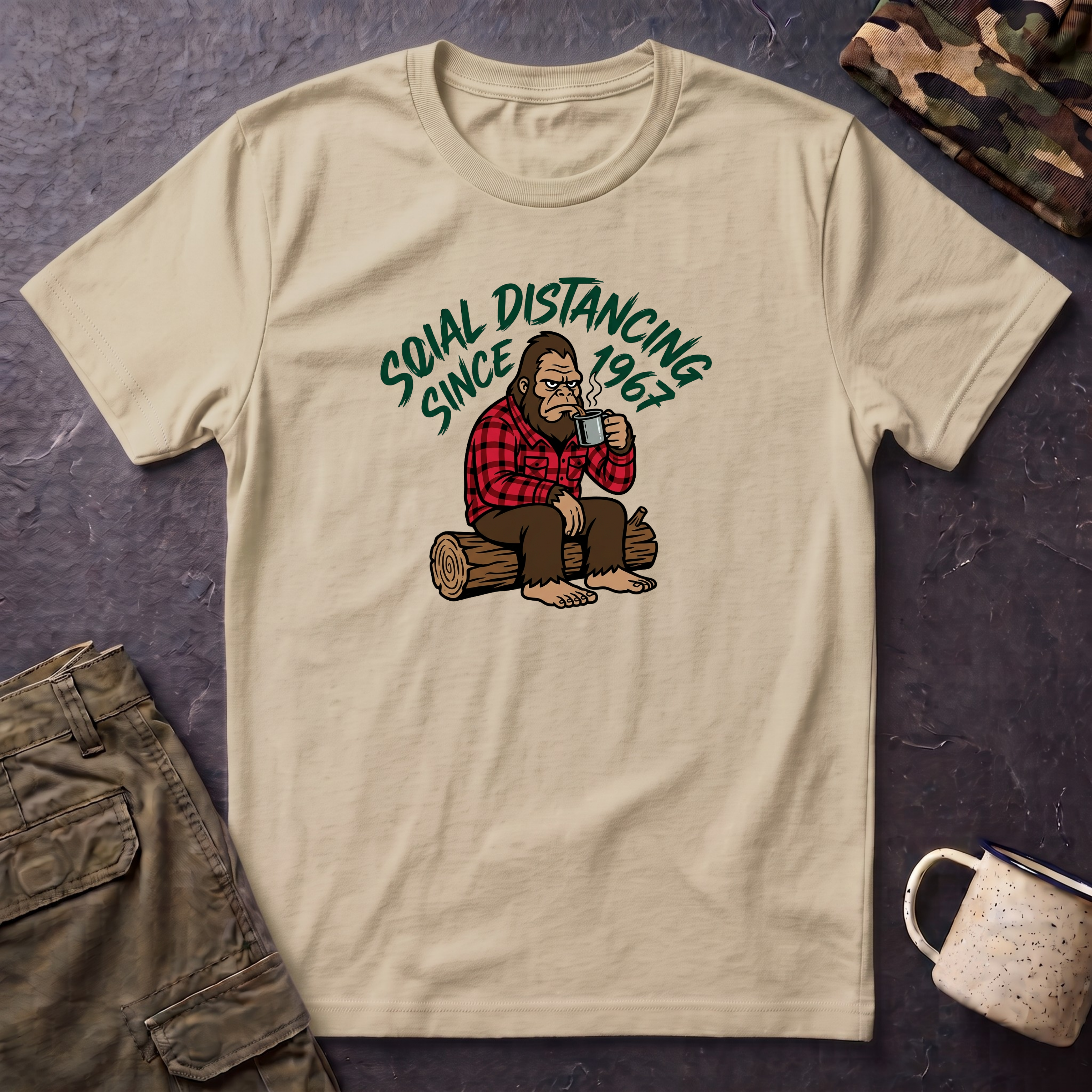 Bigfoot Social Distancing Since 1967 T-Shirt | Sasquatch Lumberjack Tee