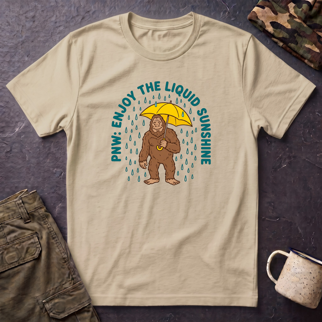 PNW Enjoy the Liquid Sunshine Bigfoot T-Shirt | Rain Umbrella Illustration