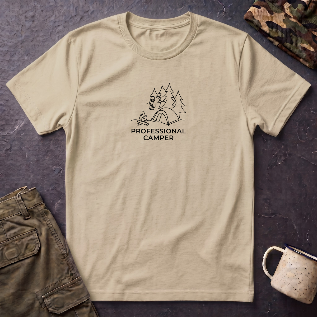 Professional Camper T-Shirt | Minimal Line Art Camping Design