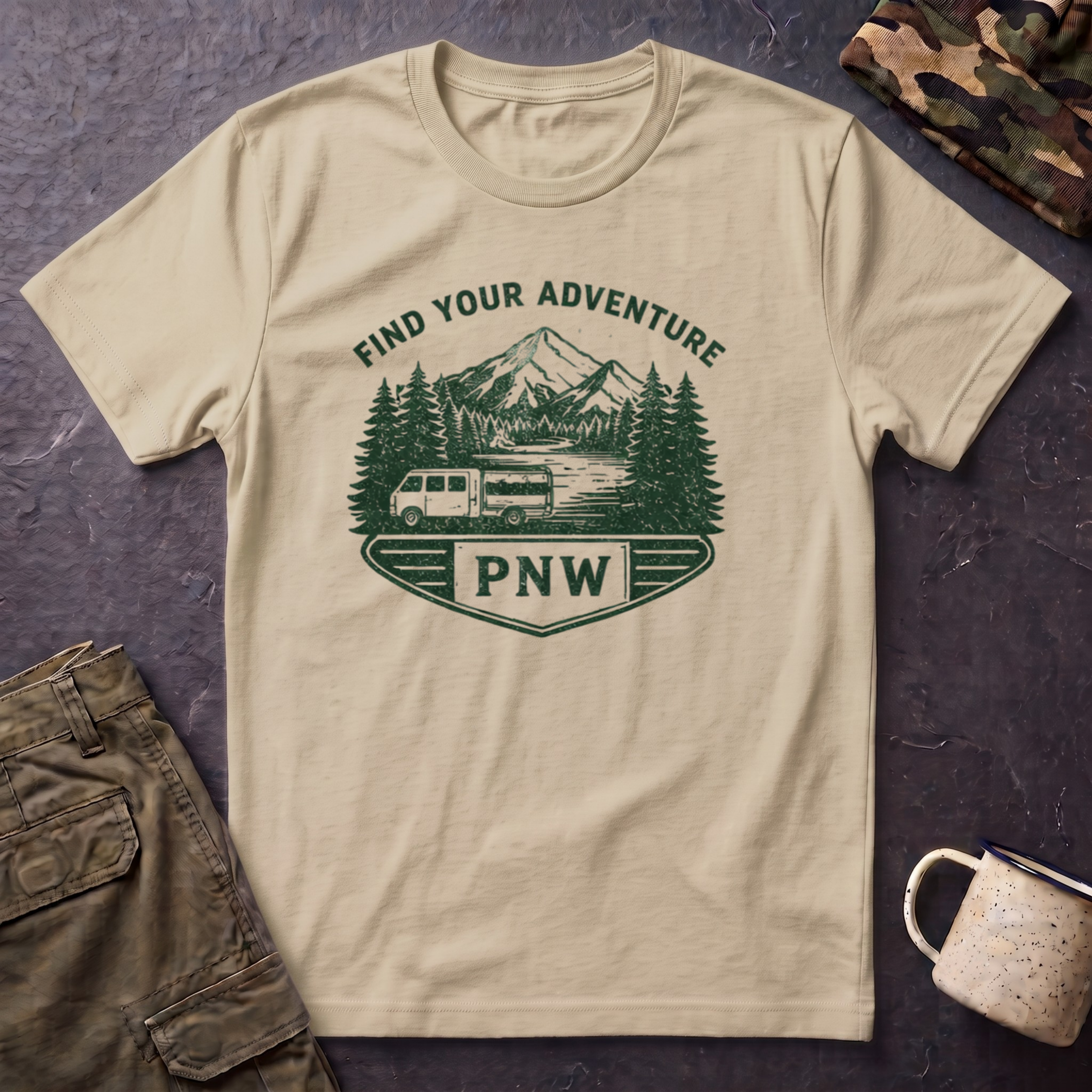 PNW Find Your Adventure T-Shirt | Pacific Northwest Camper Forest Design