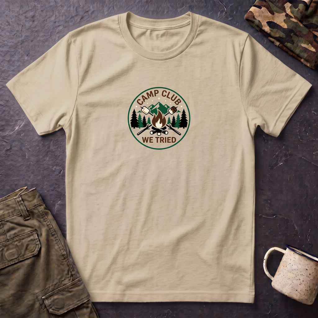Camp Club We Tried T-Shirt | Camping Badge, Mountains & Pine Trees