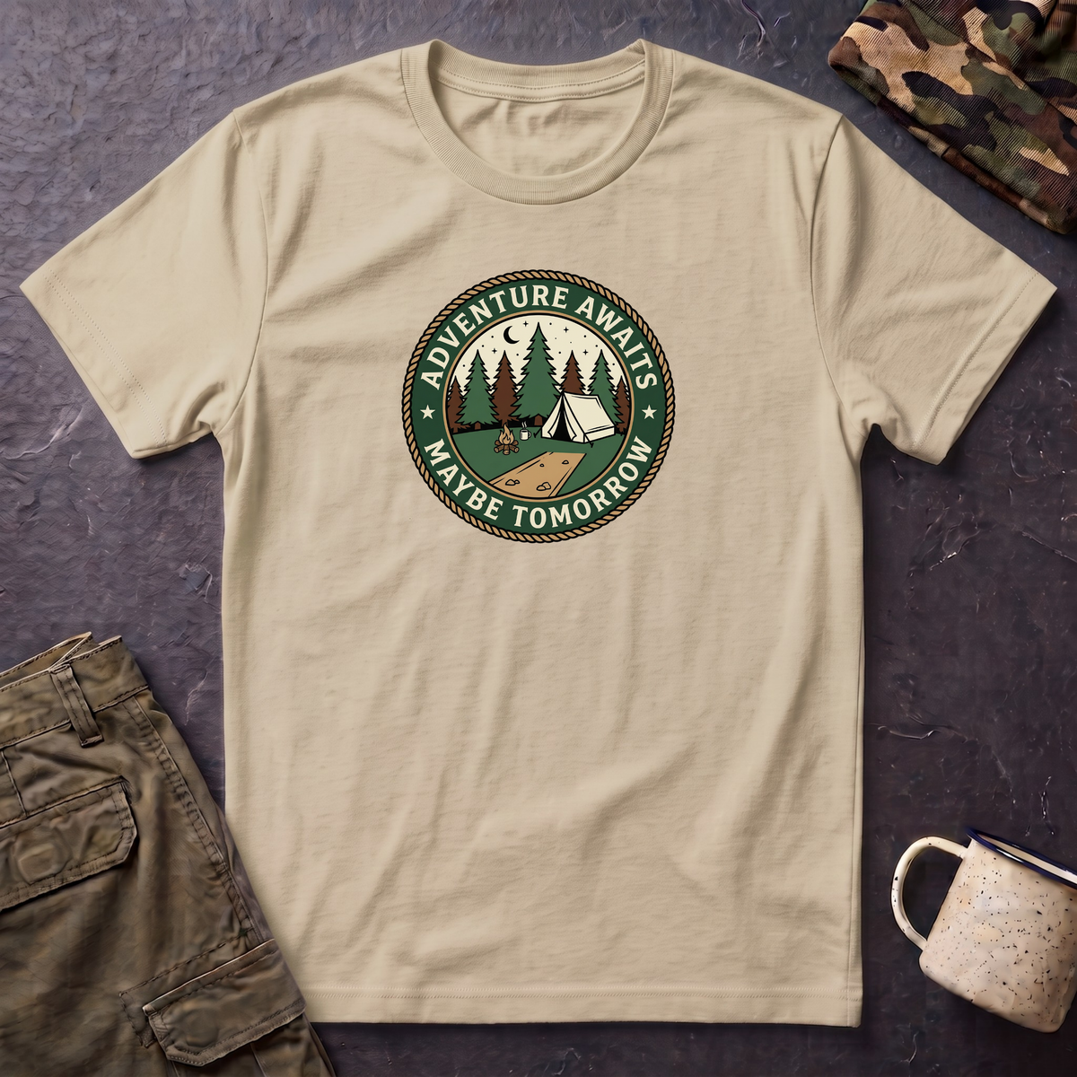 Adventure Awaits Maybe Tomorrow T-Shirt | Camping Patch Graphic