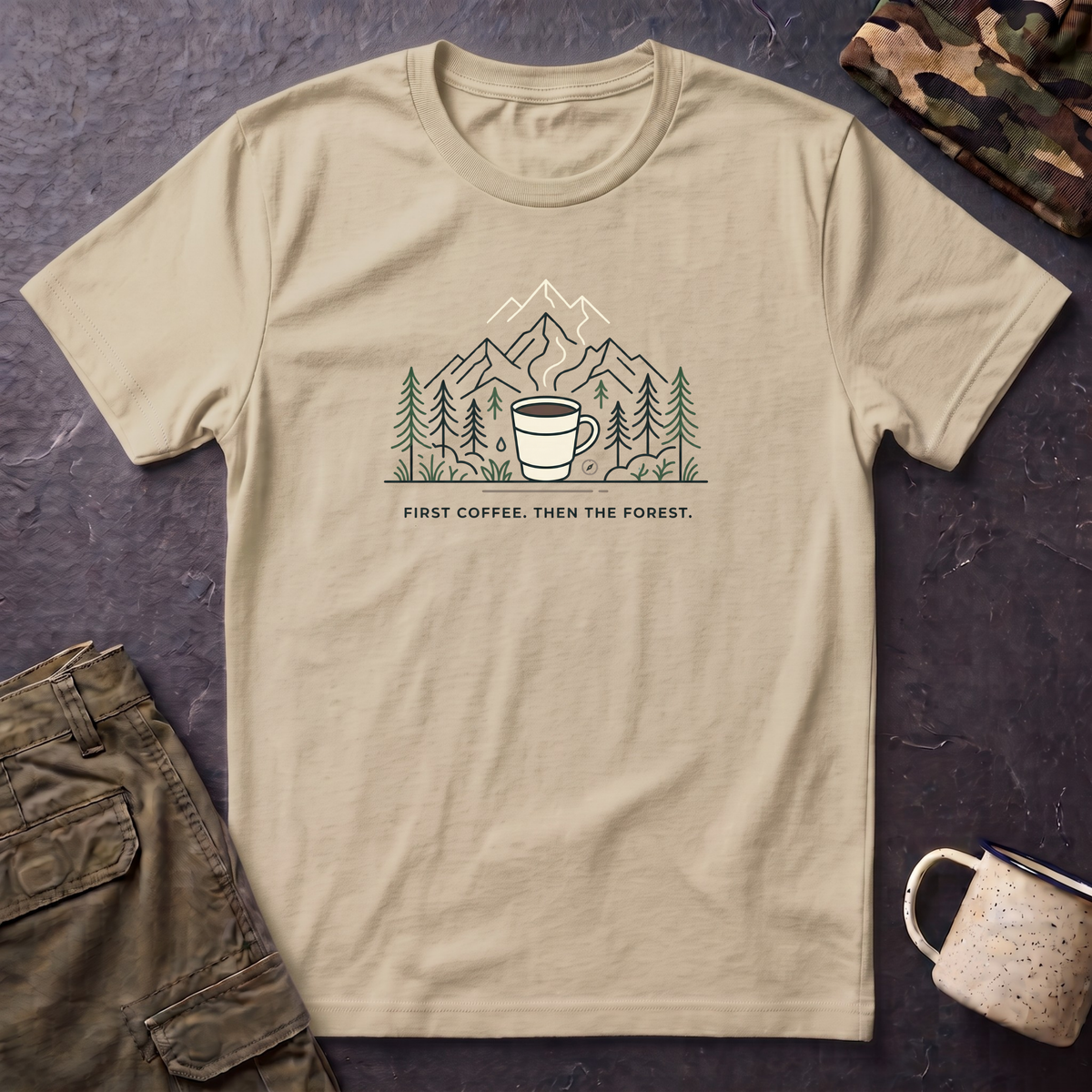 Coffee Cup in Pines T-Shirt | mountain camp mug, minimalist outdoors design