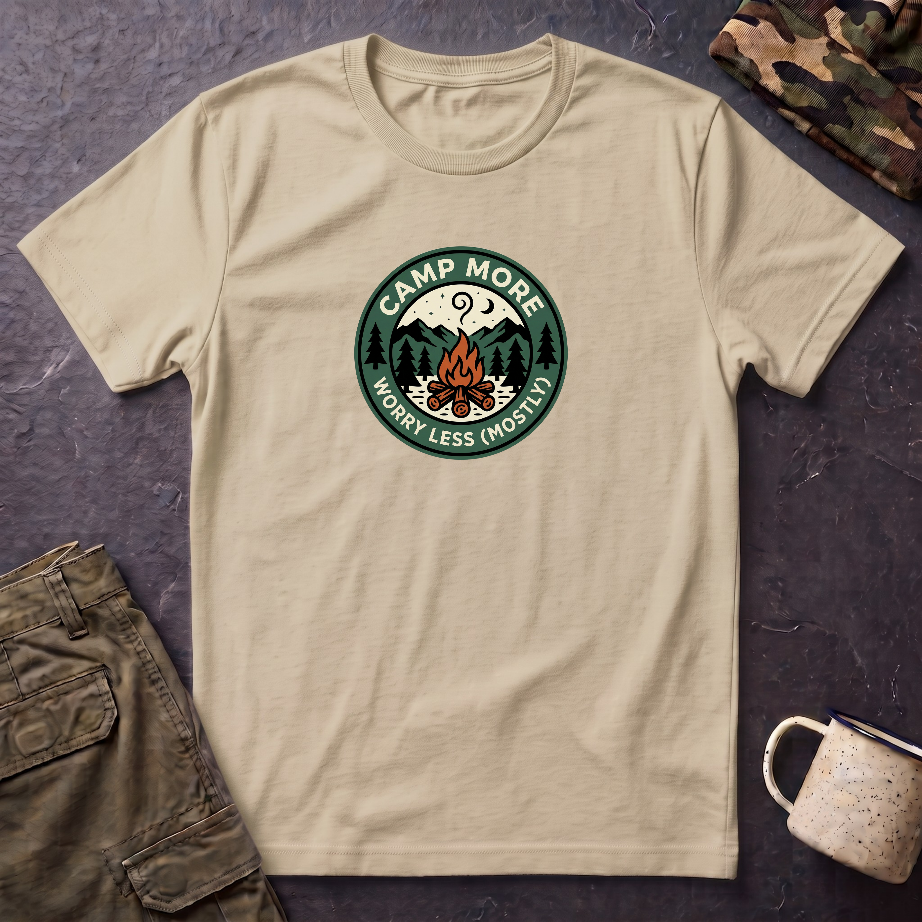 Camp More Campfire Badge T-Shirt | Outdoor Camping Graphic