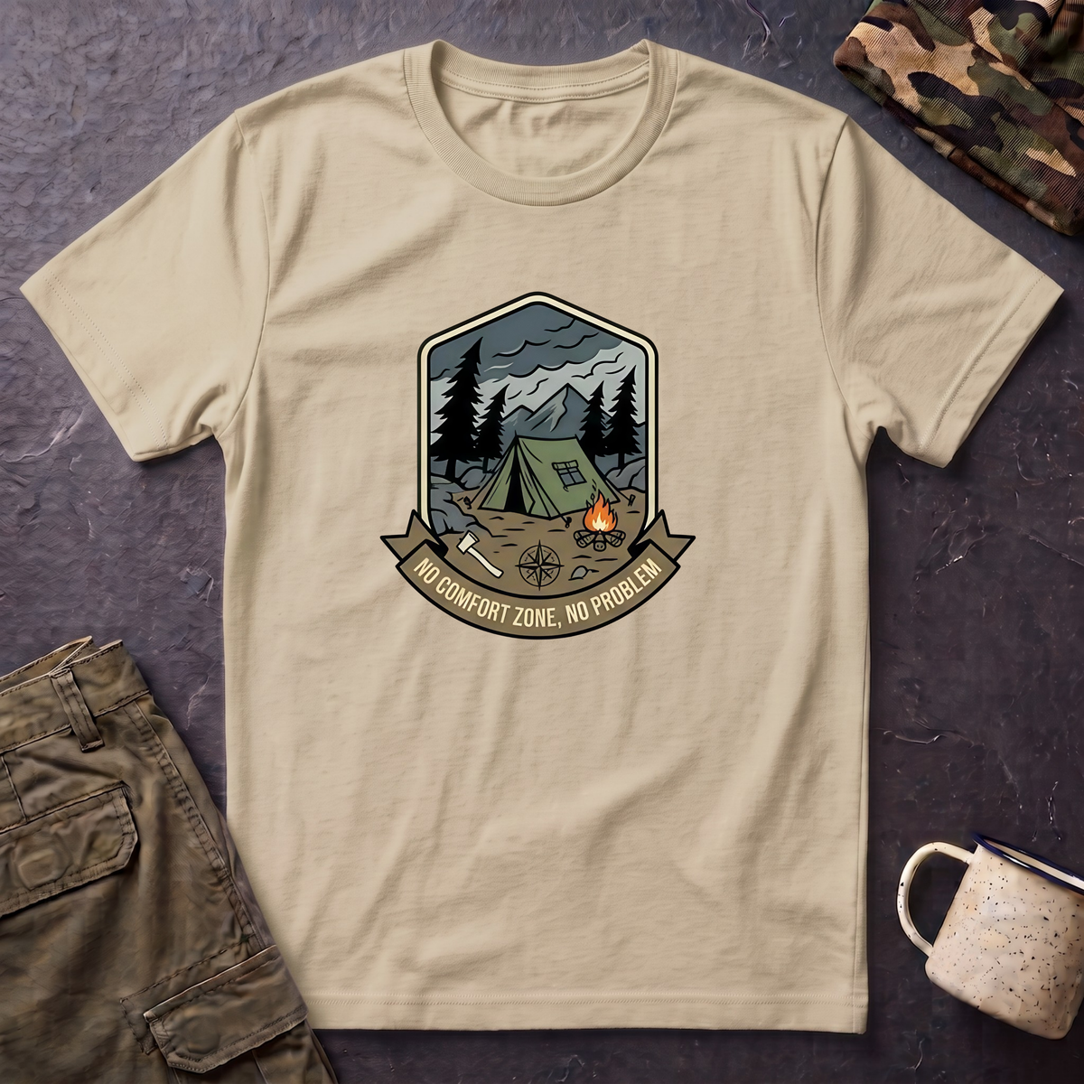 Camping Badge tent and campfire graphic T-Shirt | outdoors hiking adventure emblem