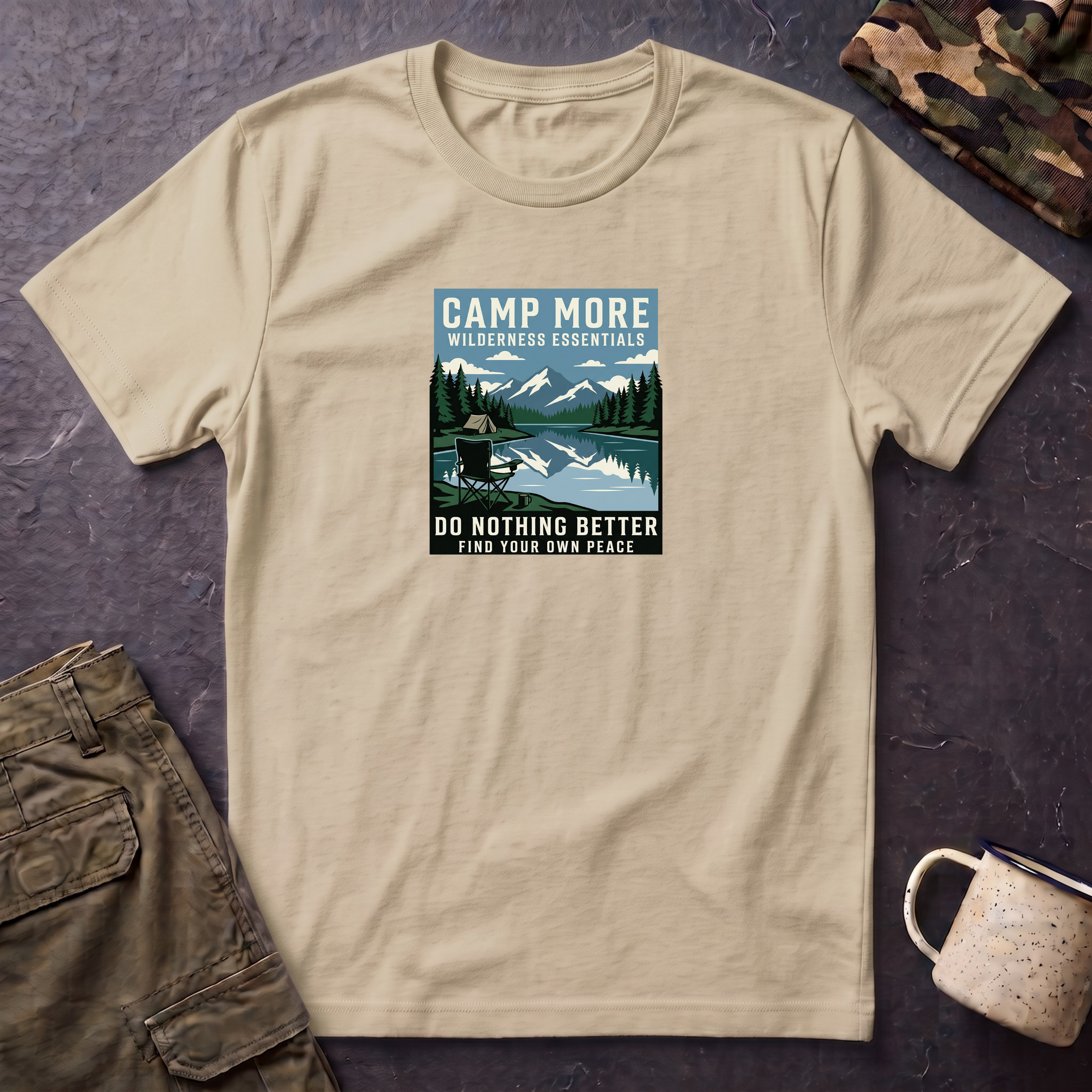 Camp More Wilderness Camping T-Shirt | Lake Mountain Poster Design