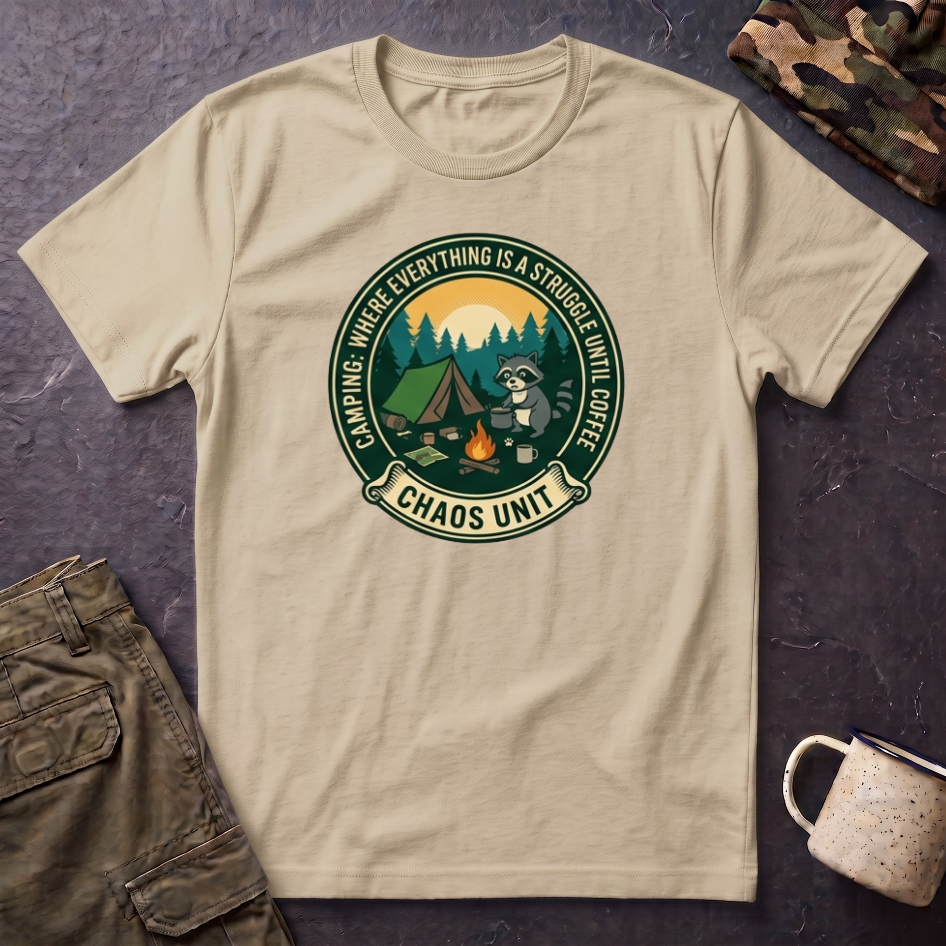 Camping Coffee Bear Chaos Unit T-Shirt | Campfire Woods Graphic