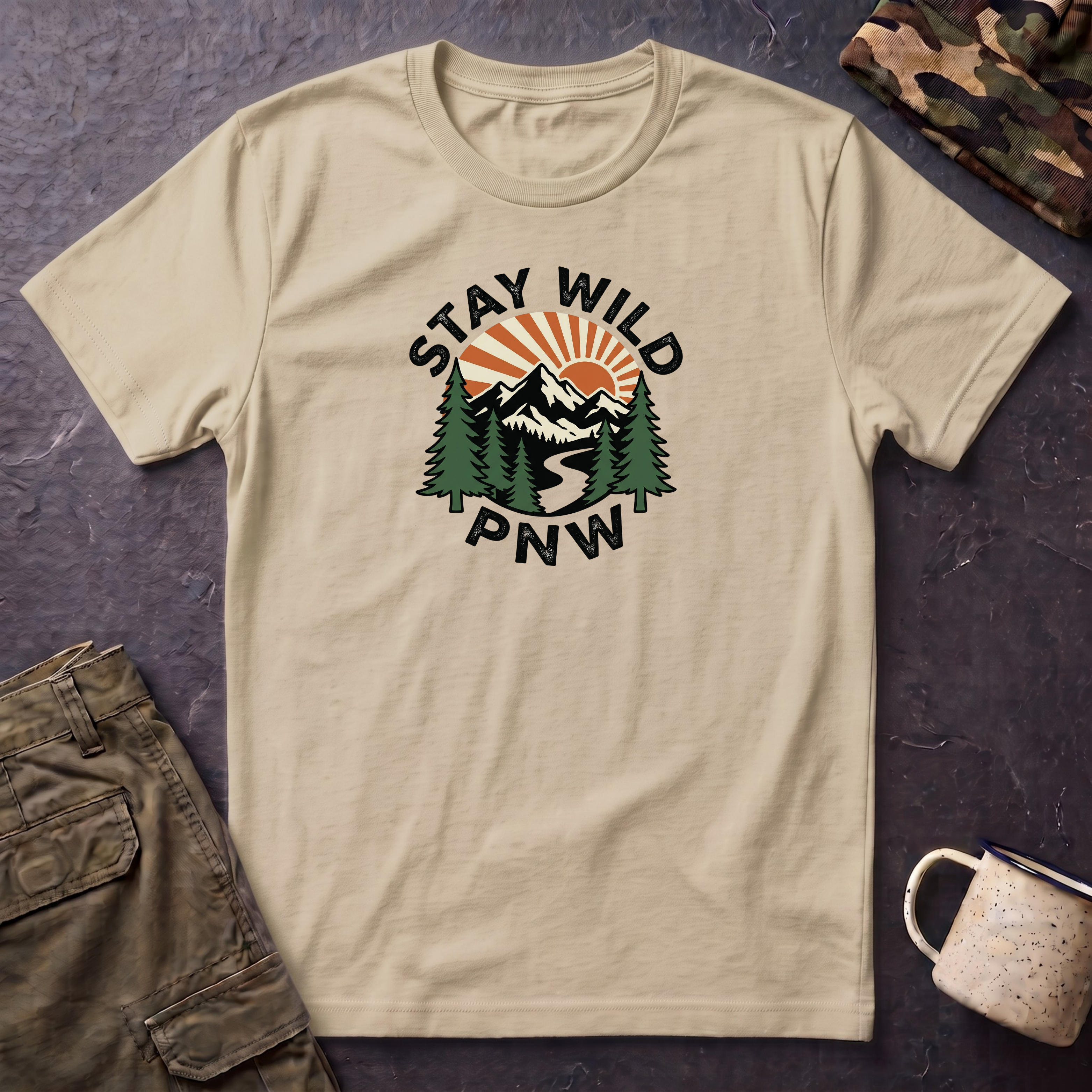 Stay Wild PNW T-Shirt | Mountain Sunset, Pine Trees, River Road