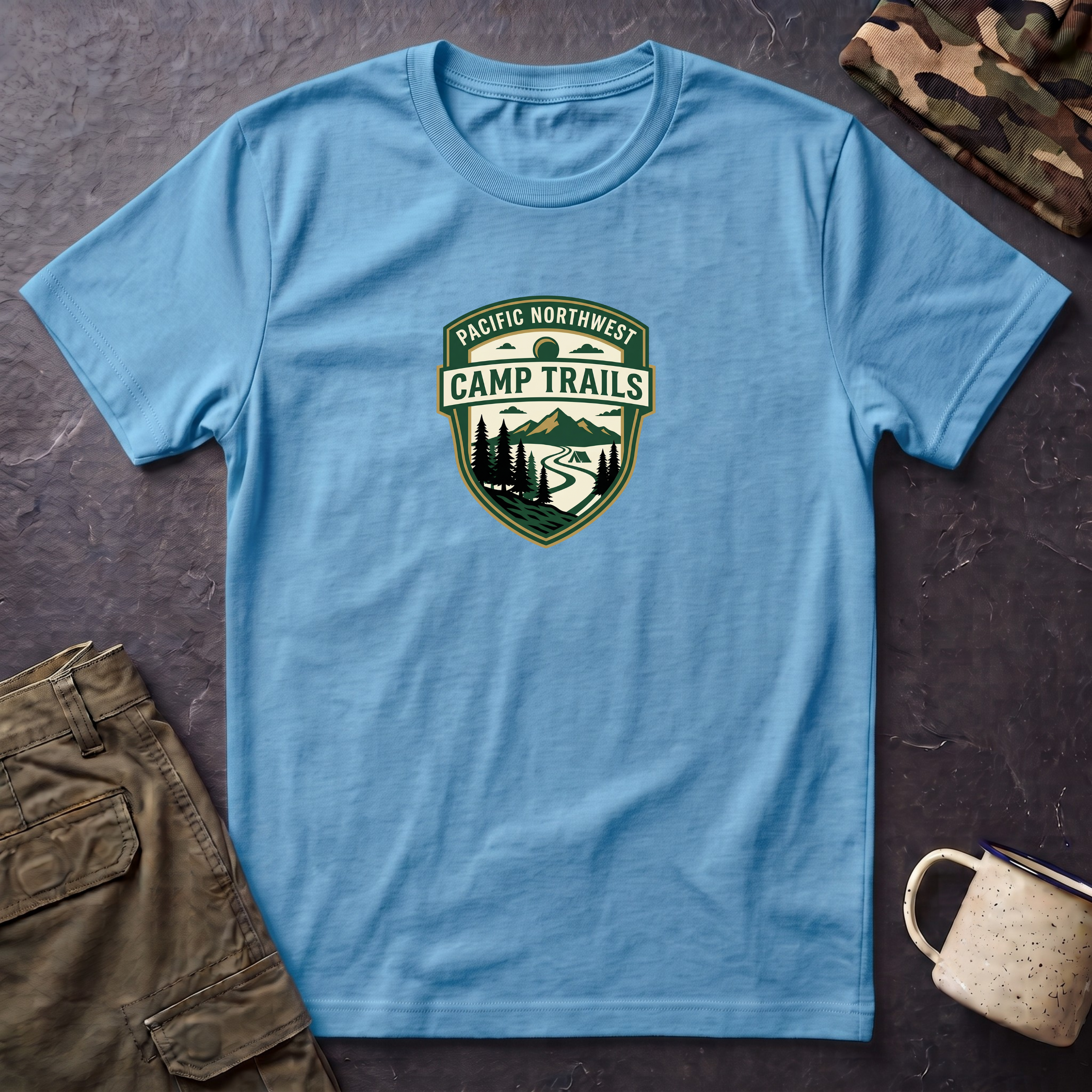 Camp Trails badge T-Shirt | Mountain camping logo, forest trail emblem
