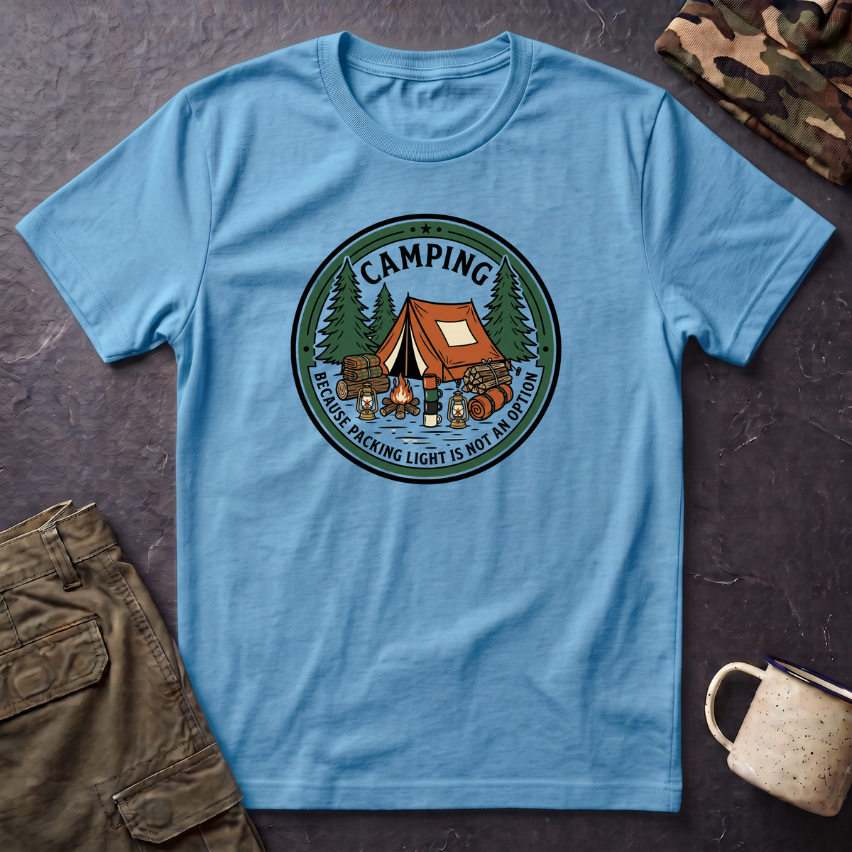 Camping Campfire Tent Graphic T-Shirt | Outdoor Adventure Cabin Design