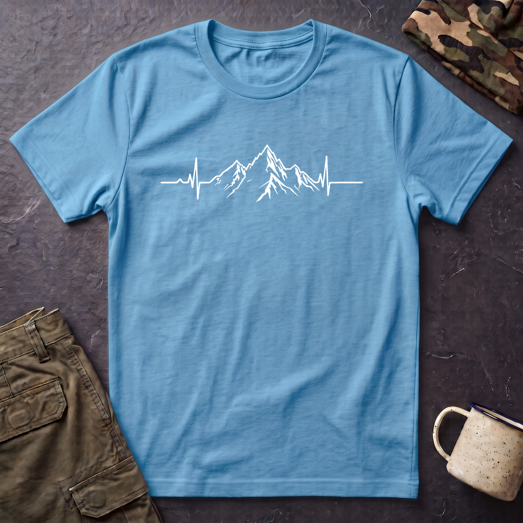 Mountain Heartbeat T-Shirt — Minimalist Mountain ECG Tee for Hikers & Outdoor Lovers