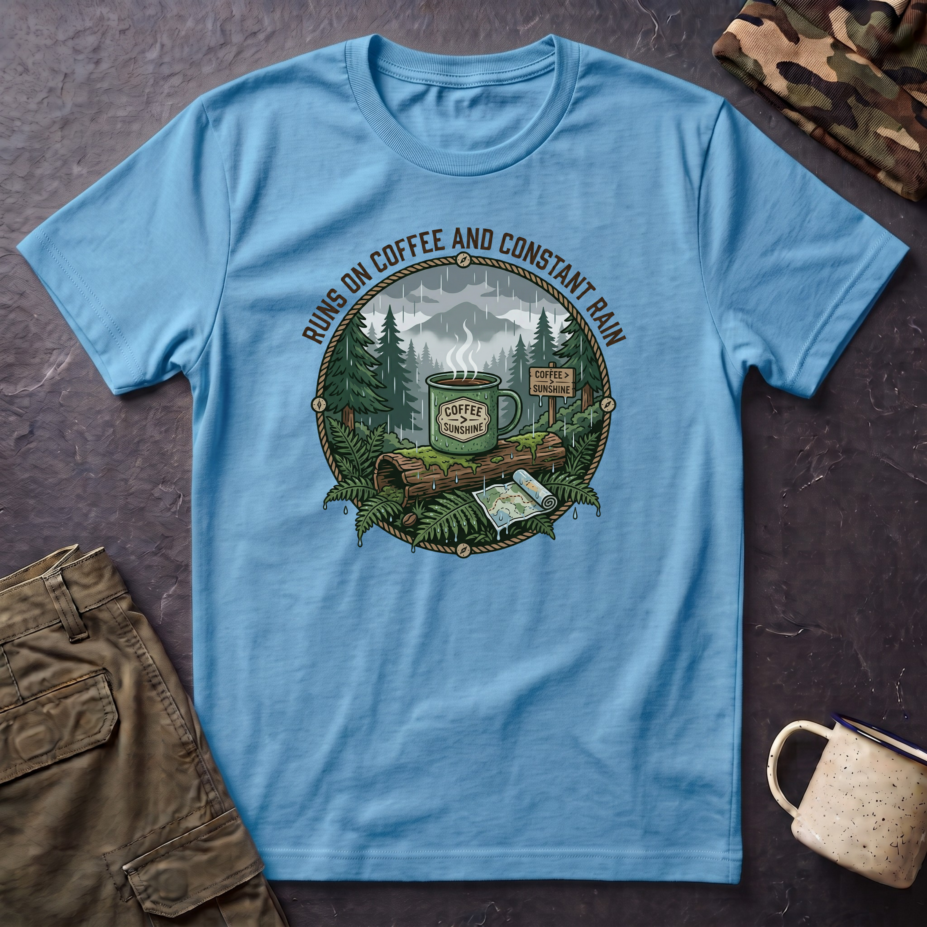 Cozy Camping Coffee Scene T-Shirt | Mountain Mug, Rainy Forest Illustration