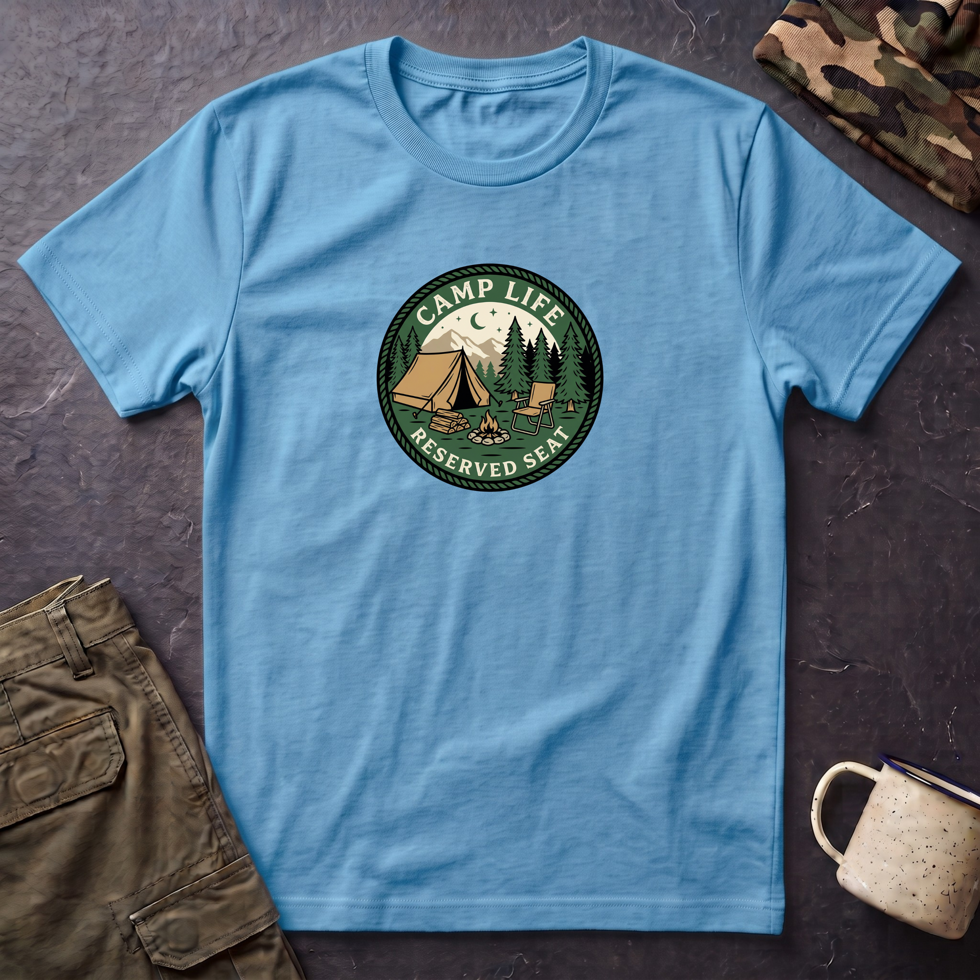 Camp Life Tent and Trees T-Shirt | Retro Outdoors Camper Badge