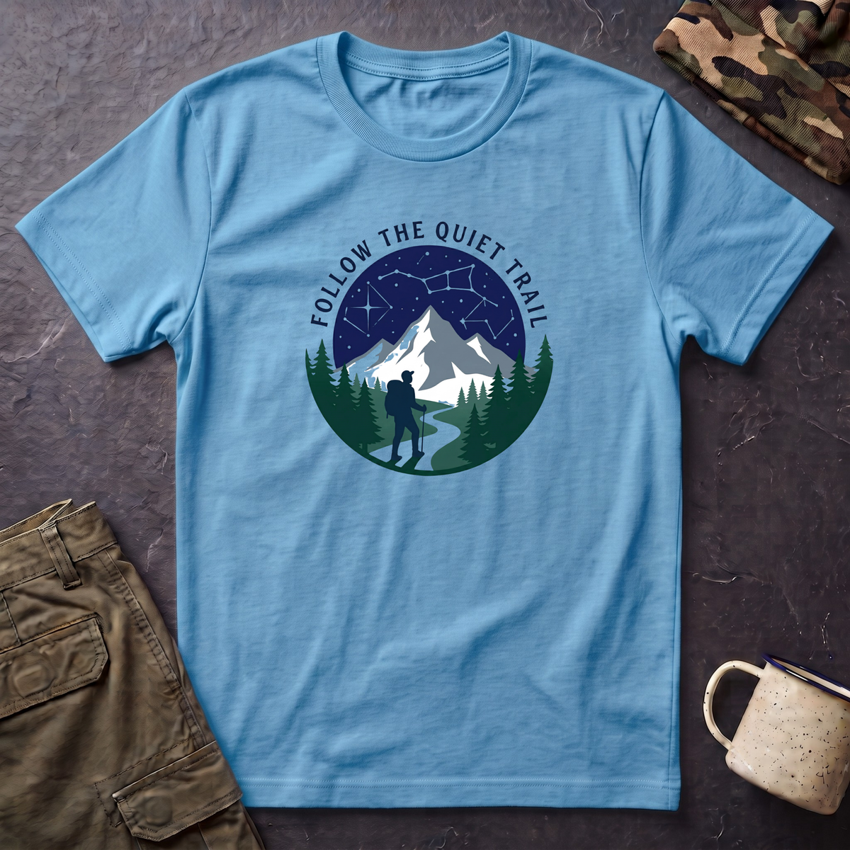 Follow The Quiet Trail Hiking T-Shirt | Mountain Night Sky