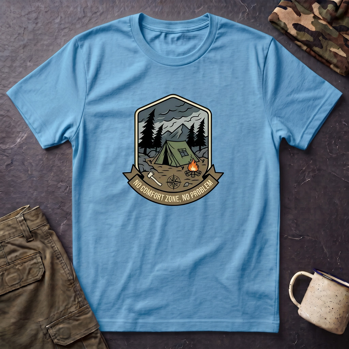 Camping Badge tent and campfire graphic T-Shirt | outdoors hiking adventure emblem