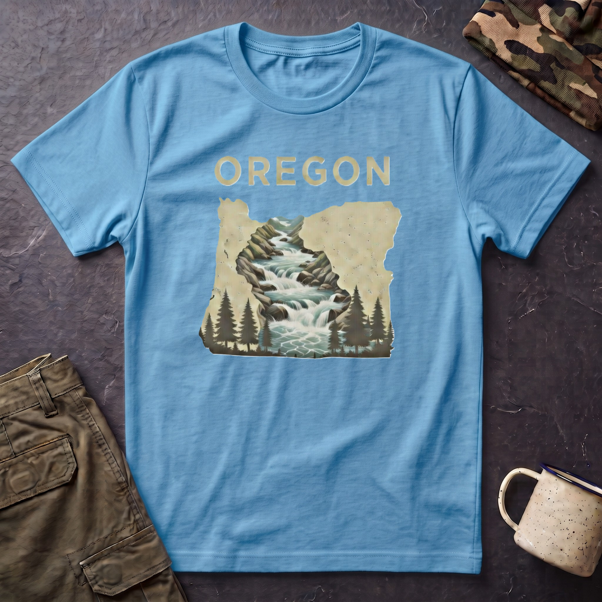Oregon waterfall state map T-Shirt | River, Pines, Nature