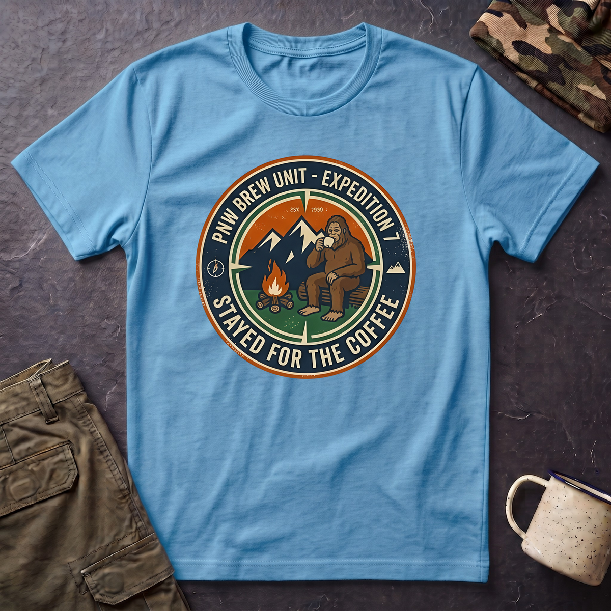 Stayed for the Coffee mountain camping badge T-Shirt | coffee hiking logo