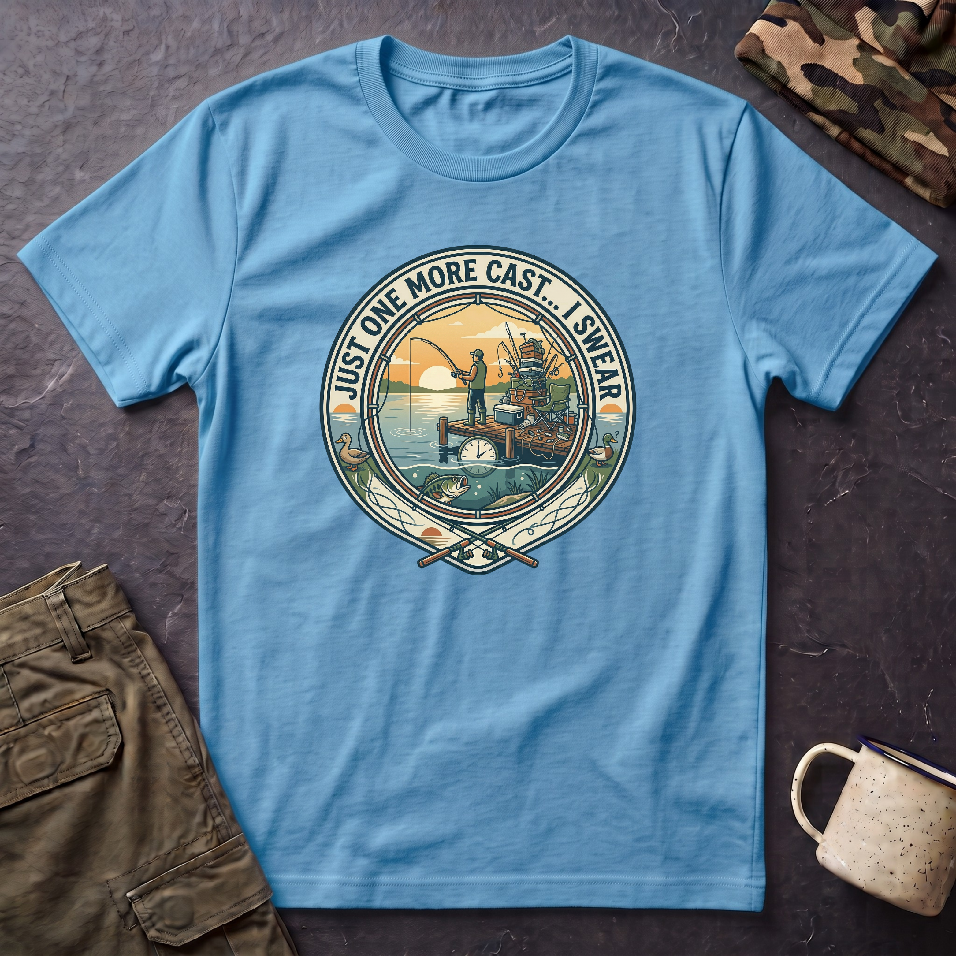 Just One More Cast Fishing T-Shirt | Retro Sunset Angler Design