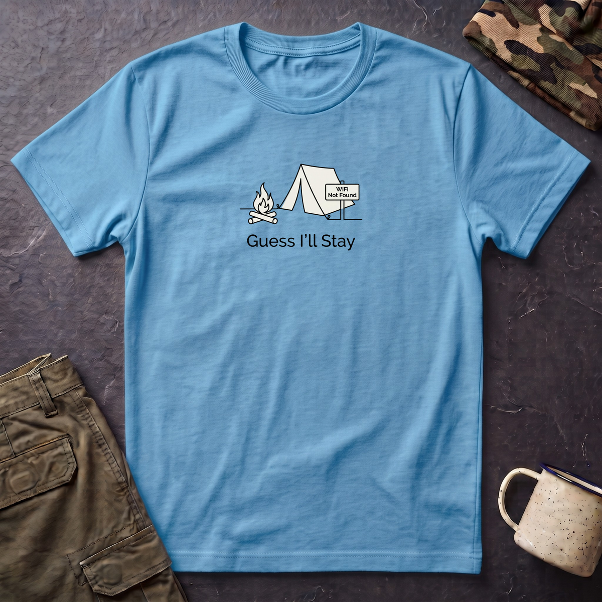 Guess Ill Stay camping tee | Tent and campfire graphic T-Shirt