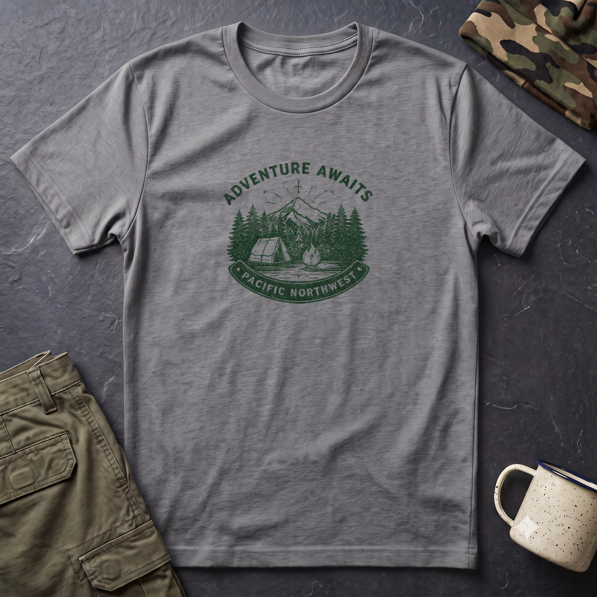 Adventure Awaits Pacific Northwest T-Shirt | Camping Mountain Badge