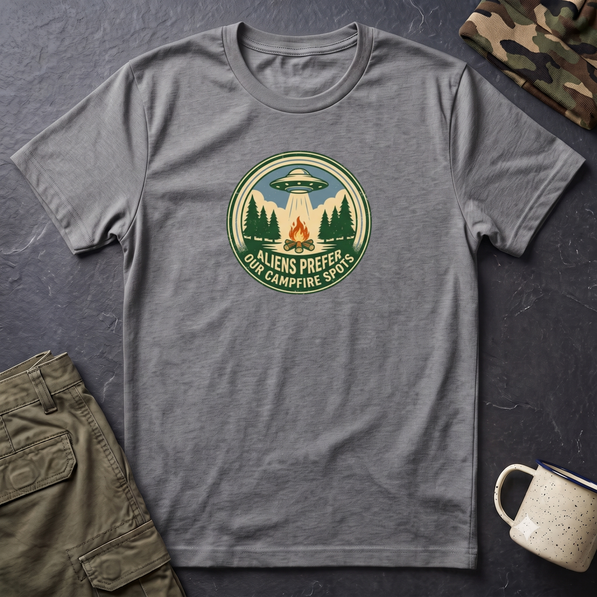 Aliens Prefer Our Campfire Spots T-Shirt | UFO Camping Badge Graphic
