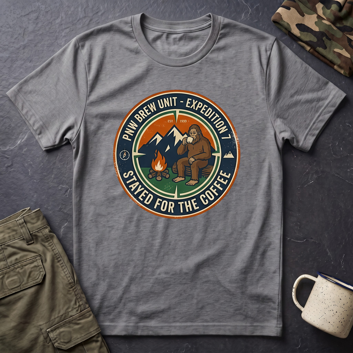 Stayed for the Coffee mountain camping badge T-Shirt | coffee hiking logo