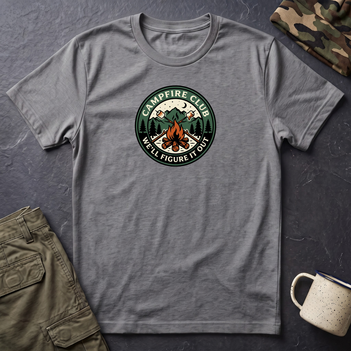 Campfire Club Patch design T-Shirt | Mountain Camping Logo Tee