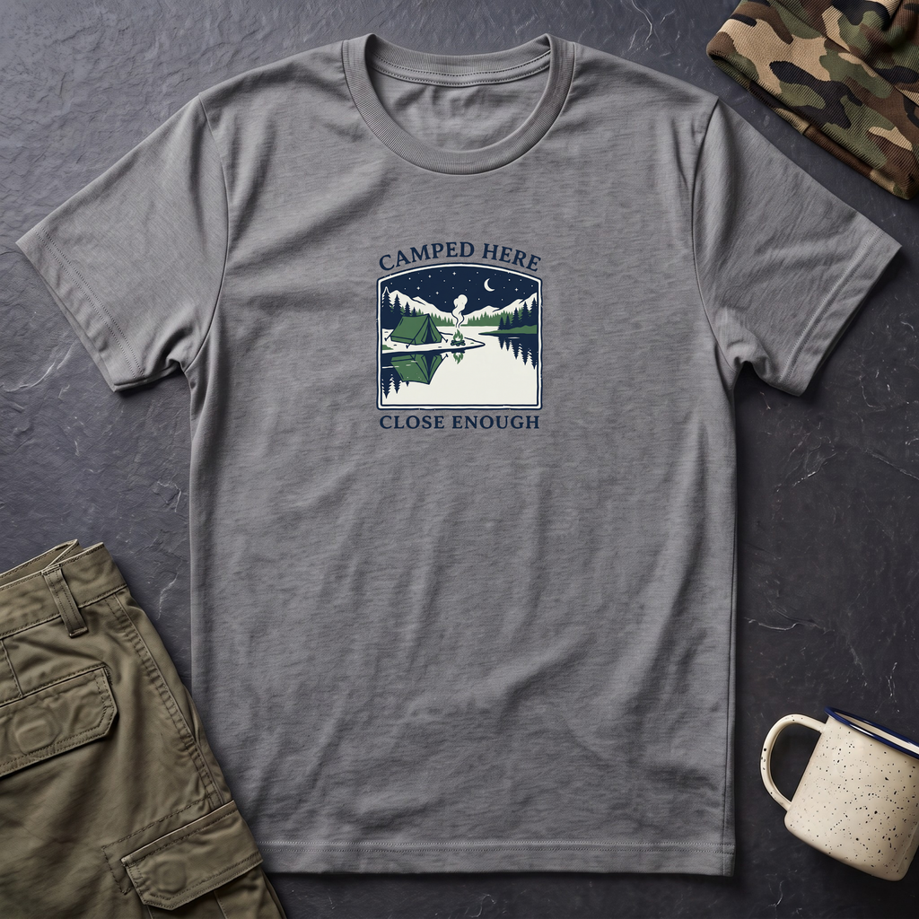 Camped Here Close Enough | T-Shirt, Canoe Lake Camping Graphic