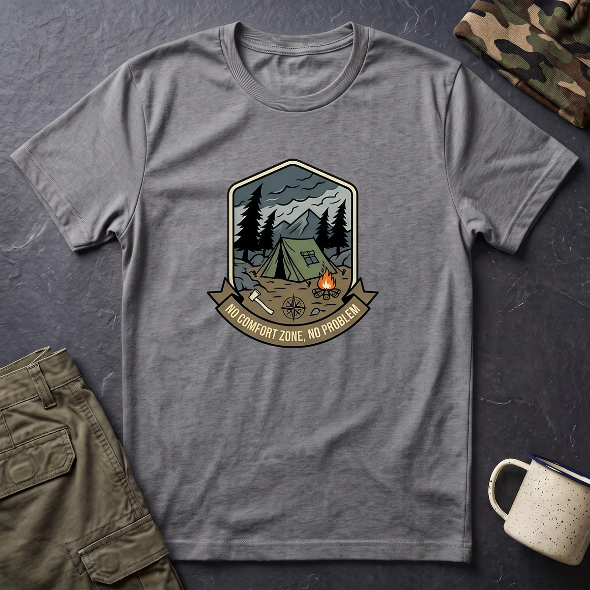 Camping Badge tent and campfire graphic T-Shirt | outdoors hiking adventure emblem