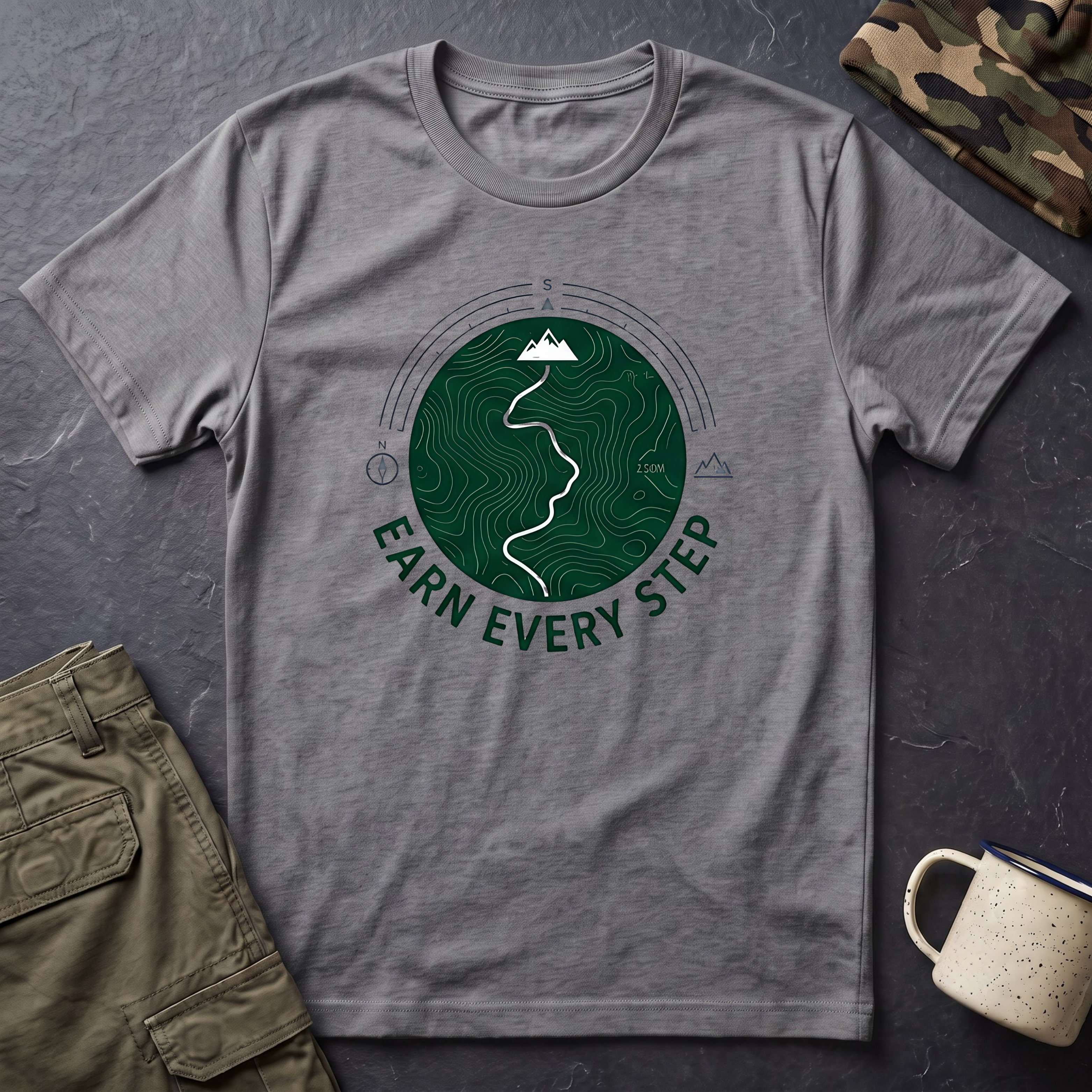Earn Every Step T-Shirt | Hiking Mountain Trail Graphic