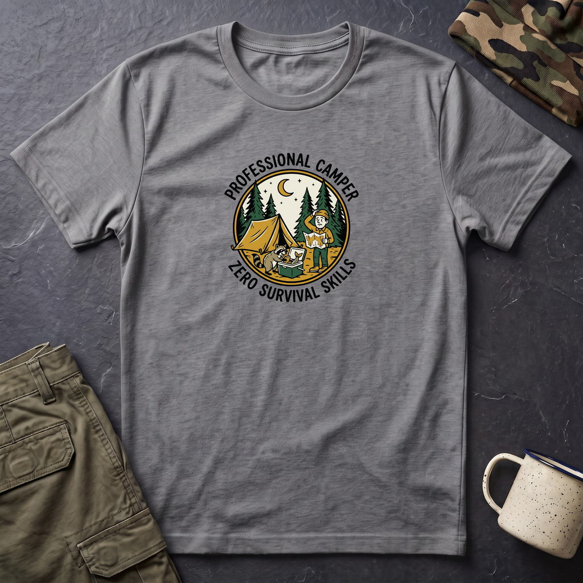 Professional Camper Zero Survival Skills T-Shirt | Camping Graphic Tee