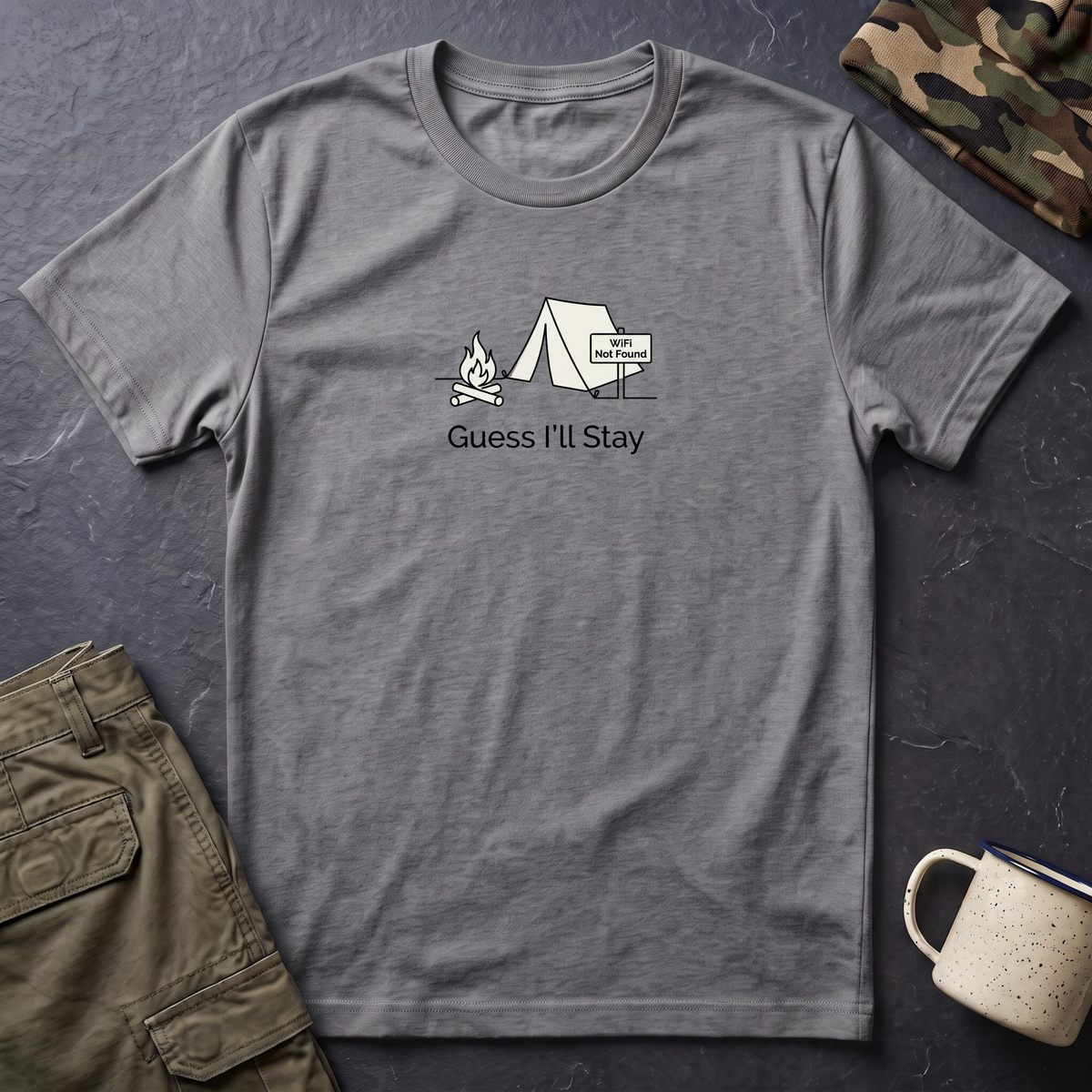 Guess Ill Stay camping tee | Tent and campfire graphic T-Shirt