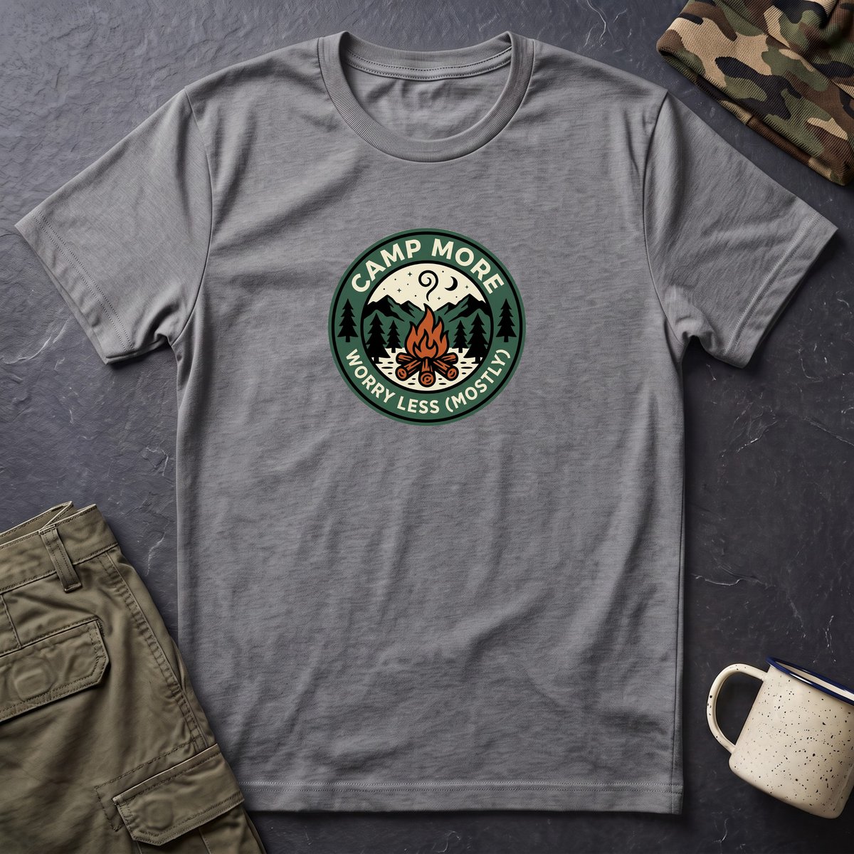 Camp More Campfire Badge T-Shirt | Outdoor Camping Graphic