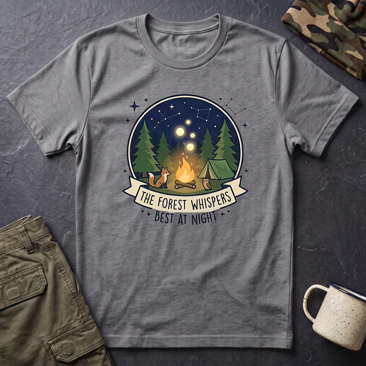 The Forest Whispers campfire scene T-Shirt | nighttime woods illustration