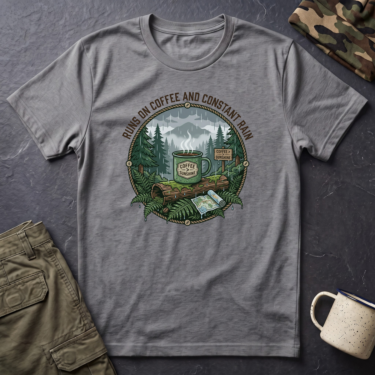 Cozy Camping Coffee Scene T-Shirt | Mountain Mug, Rainy Forest Illustration