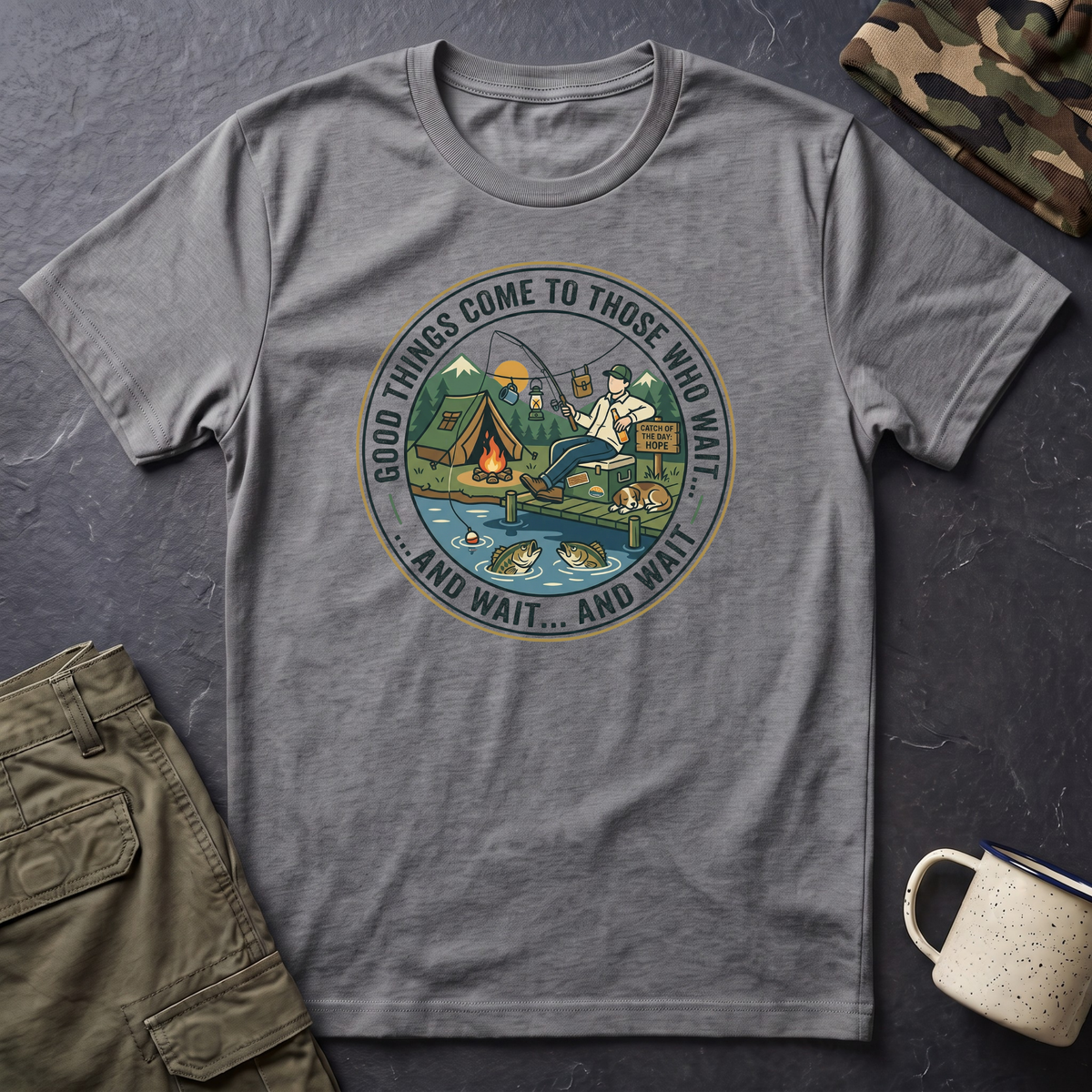 Camping Scene T-Shirt | Vintage Tent Lake Illustration, 'Good Things Come to Those Who Wait'
